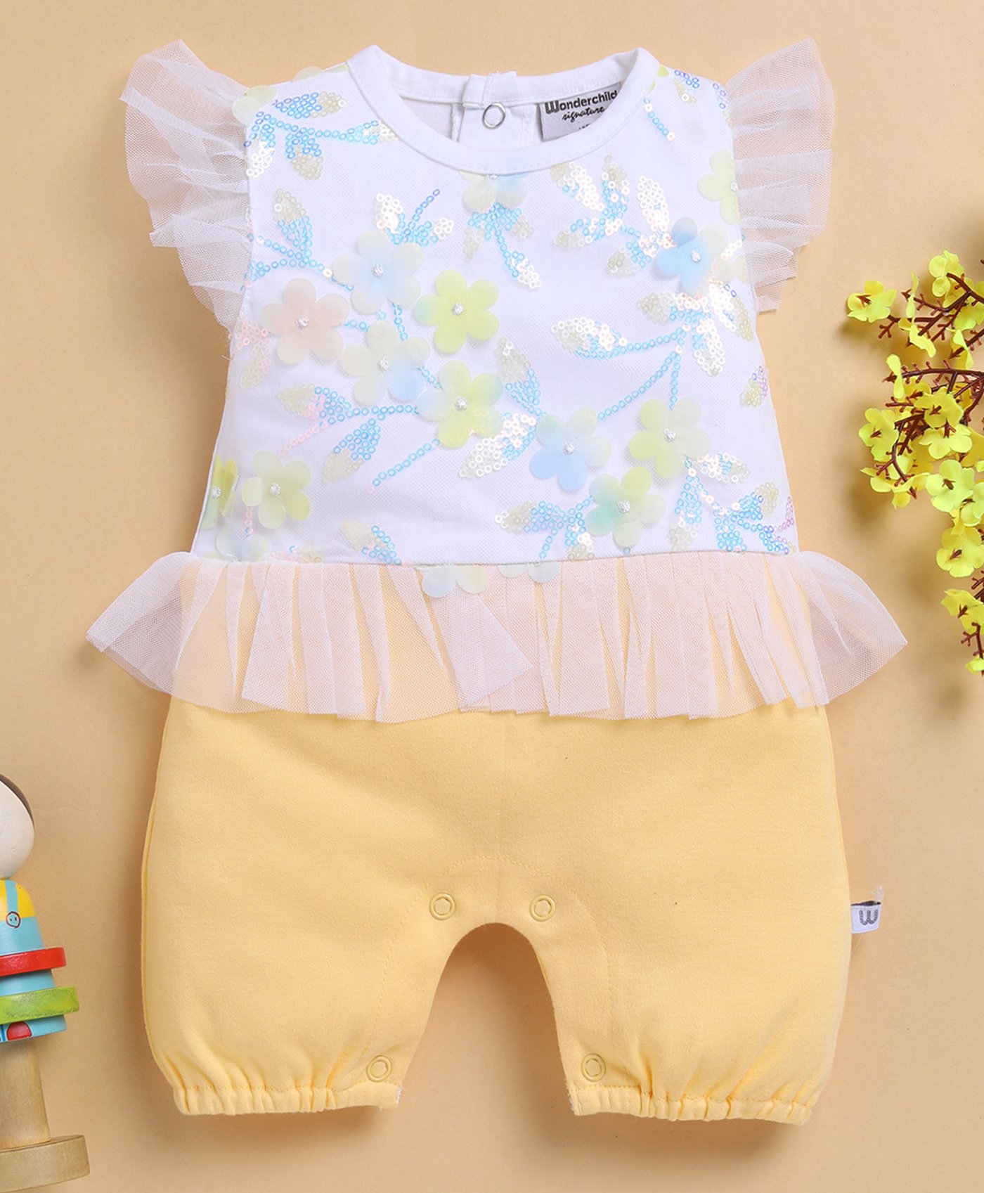 Wonderchild Sleeveless Frill Detailed Sequin Embellished Floral Applique Detailed Romper - White & Gold-image-31