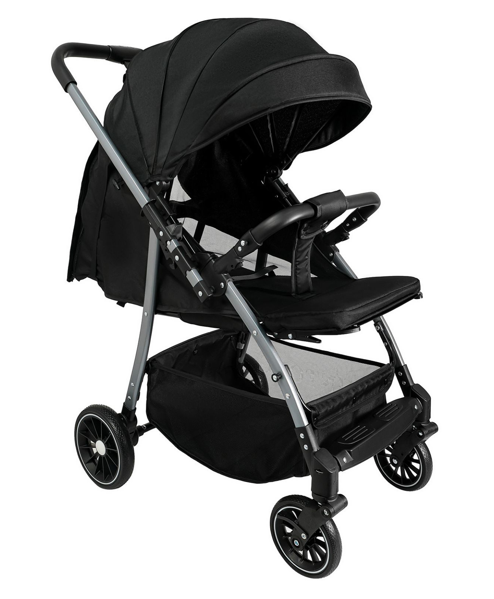 Standard Baby Stroller - Black| Reversible Handle| Paded Cushion| Adjustable Canopy| Concealed Linked Brake| Swivel Wheels| 5 point Safety Harness| Storage Basket| Recling Backrest| Single Hand Fold-image-4