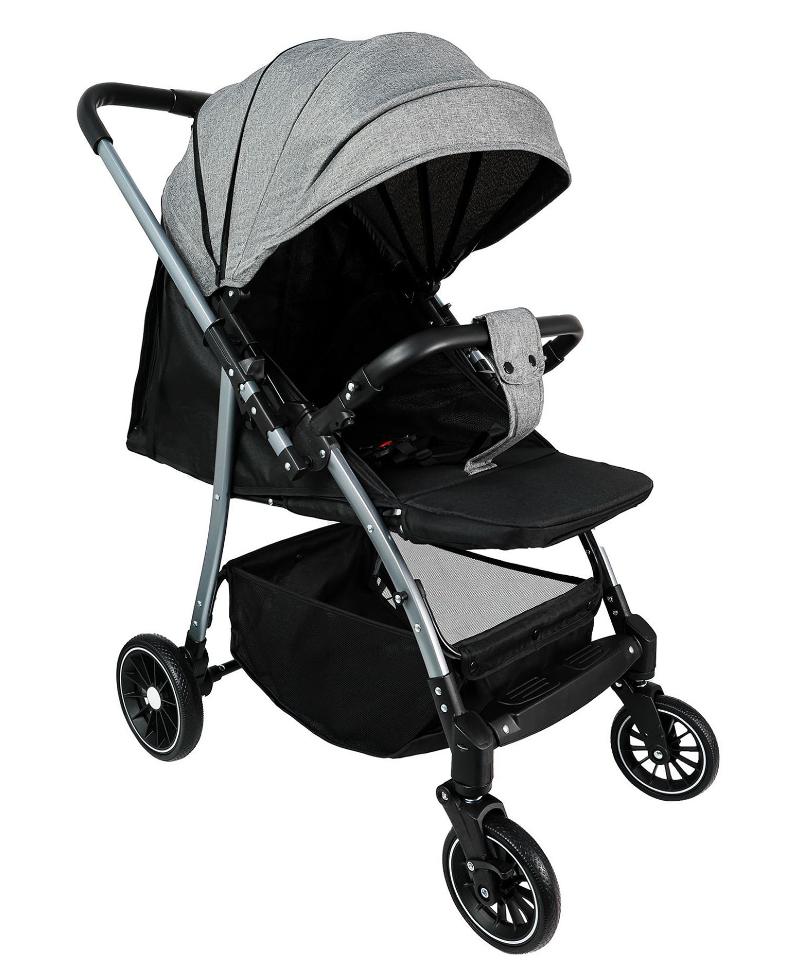 Standard Baby Stroller - Grey| Reversible Handle| Paded Cushion| Adjustable Canopy| Concealed Linked Brake| Swivel Wheels| 5 point Safety Harness| Storage Basket| Recling Backrest| Single Hand Fold-image-19