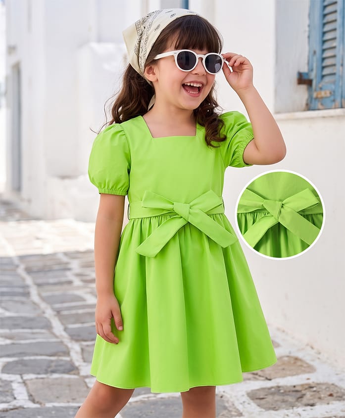 Mark & Mia Cotton Half Puffed Sleeves Solid Color Frock with Bow Applique - Light Green-image-27