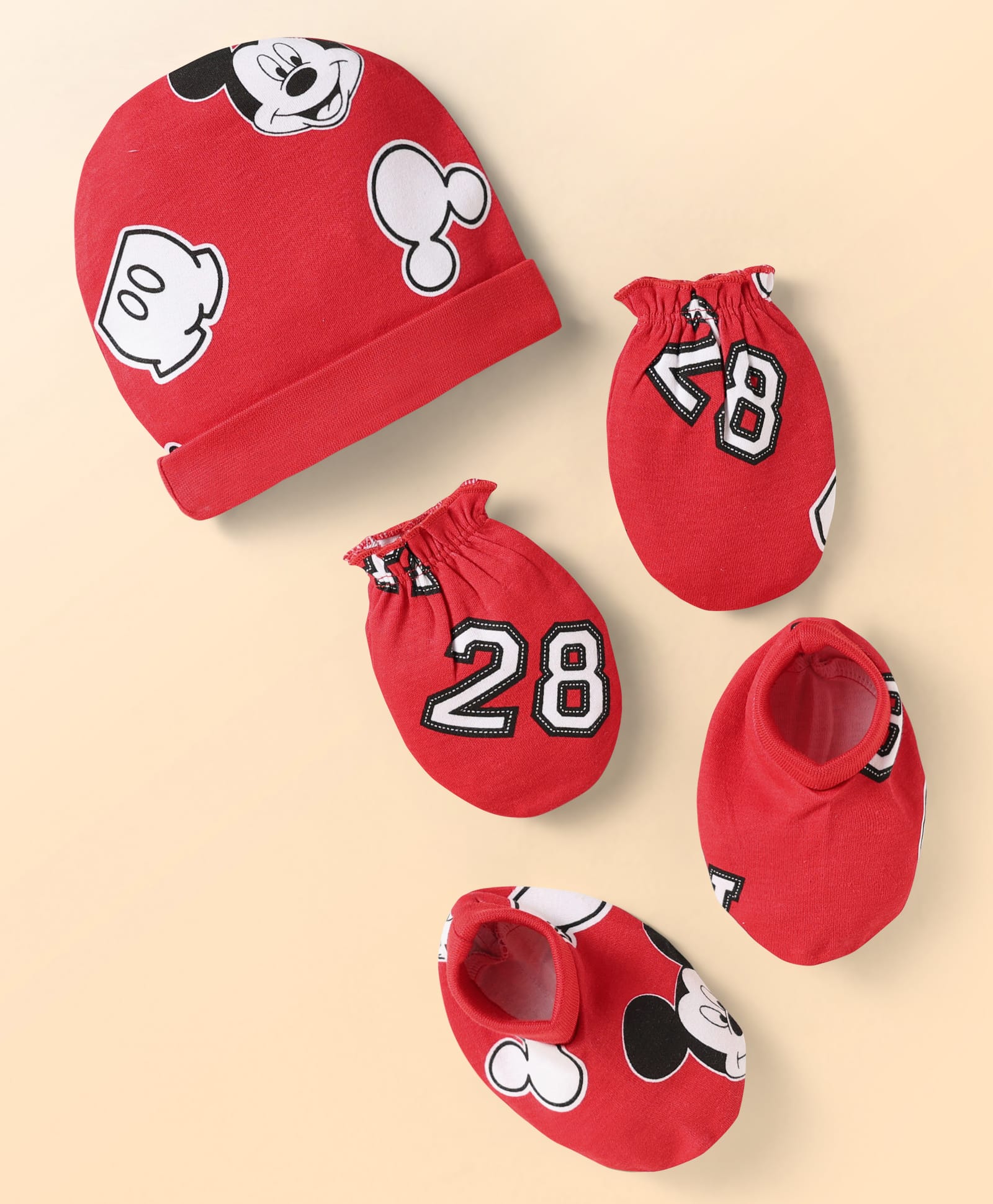 Babyhug Disney Interlock Knit Cap Mittens & Booties Set With Mickey Mouse Print - Red-picture-14