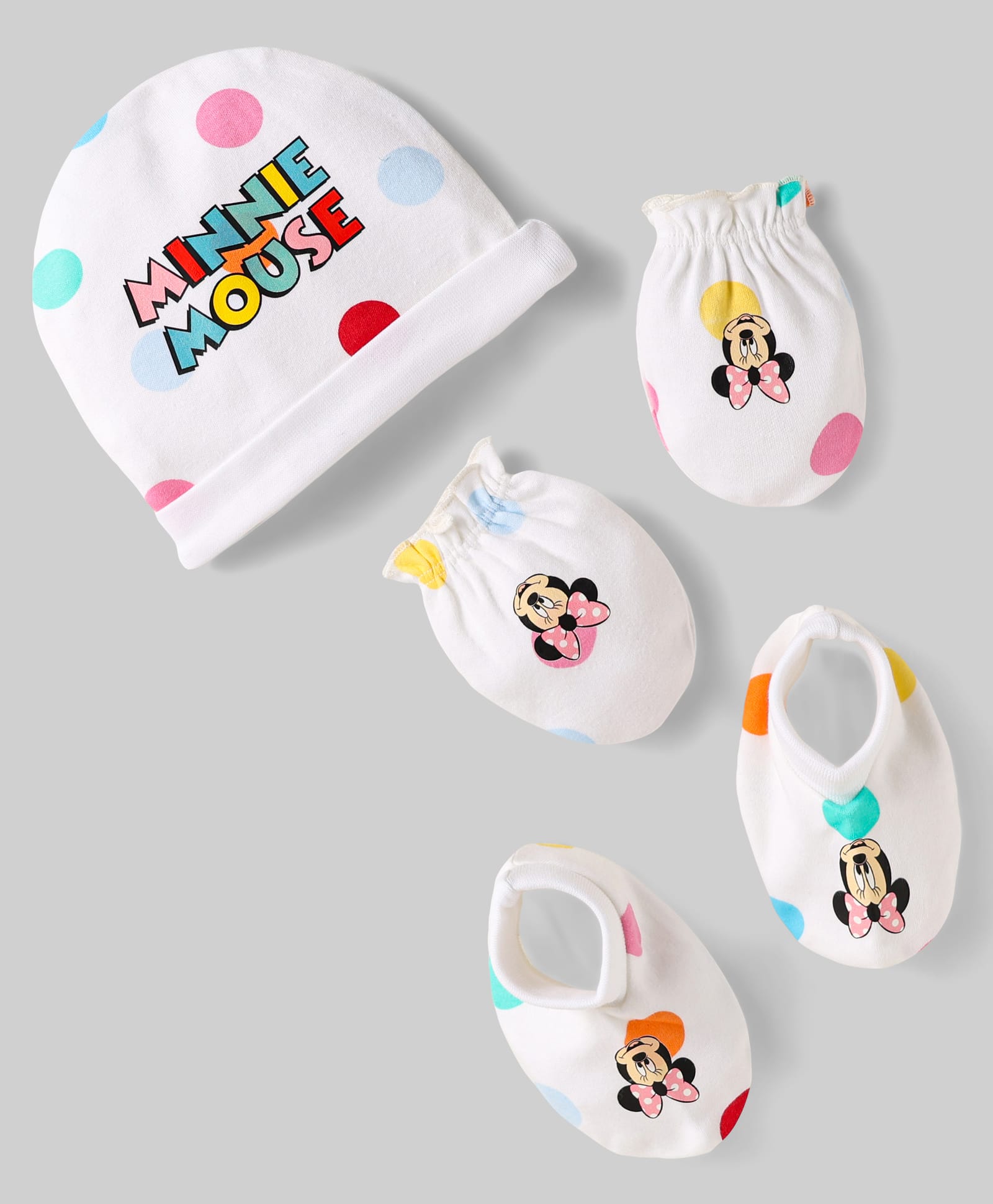 Babyhug Disney Interlock Knit Caps Mittens & Booties Set With Minnie Mouse Family Print White - Diameter 15.5 cm-image-31