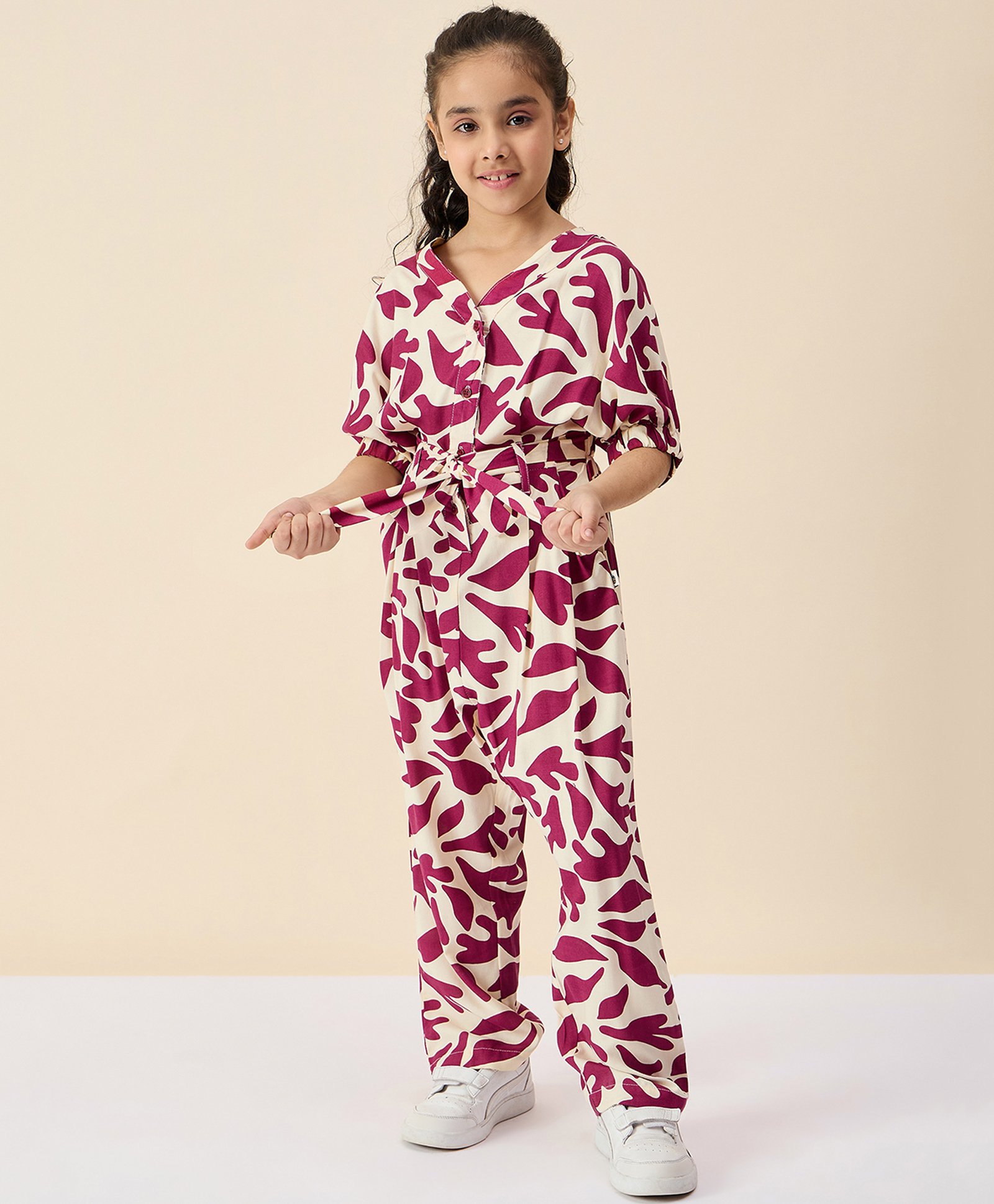 StyloBug Viscose Rayon Three Fourth Sleeves Abstract Printed Jumpsuit - Maroon-picture-19