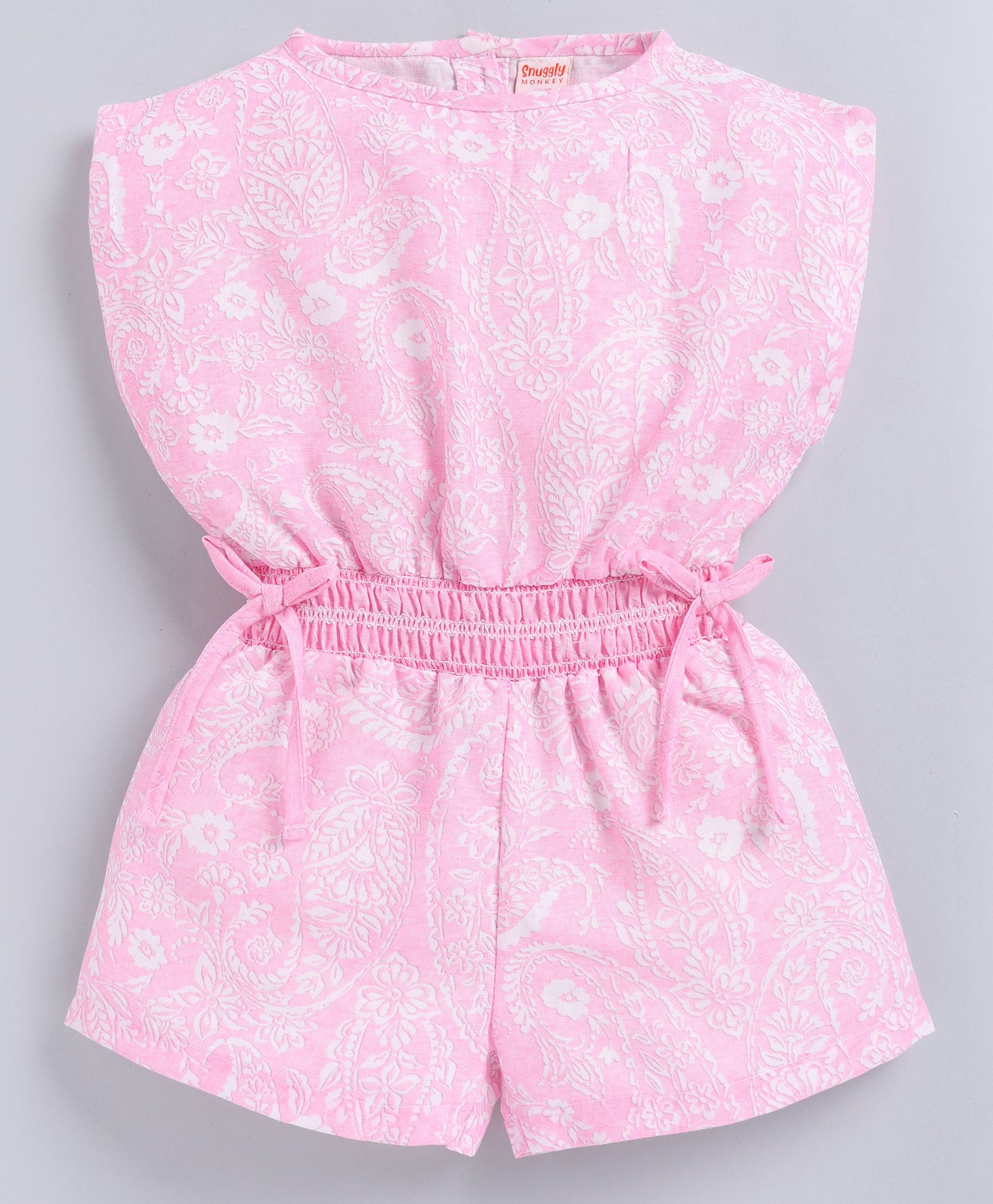 Snuggly MONKEY Poplin Sleeveless Floral Printed & Bow Applique Detailed Jumpsuit - Baby Pink-image-4