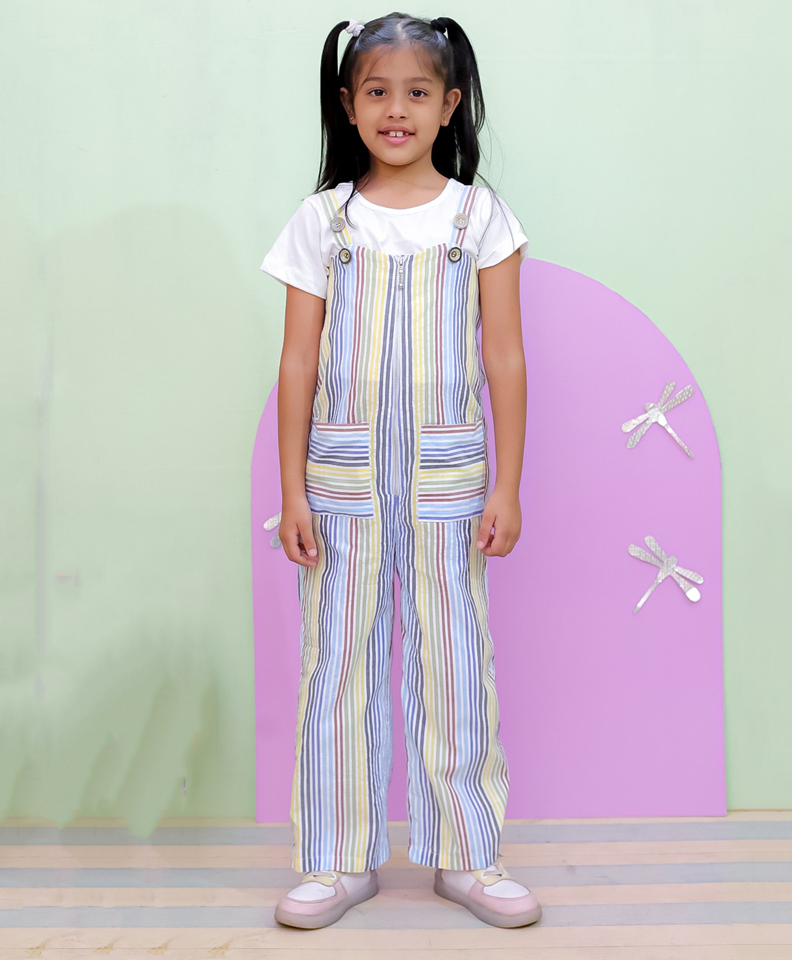 The Mom Store Cotton Half Sleeves Tee With Striped Dungaree - Multi Color-image-10