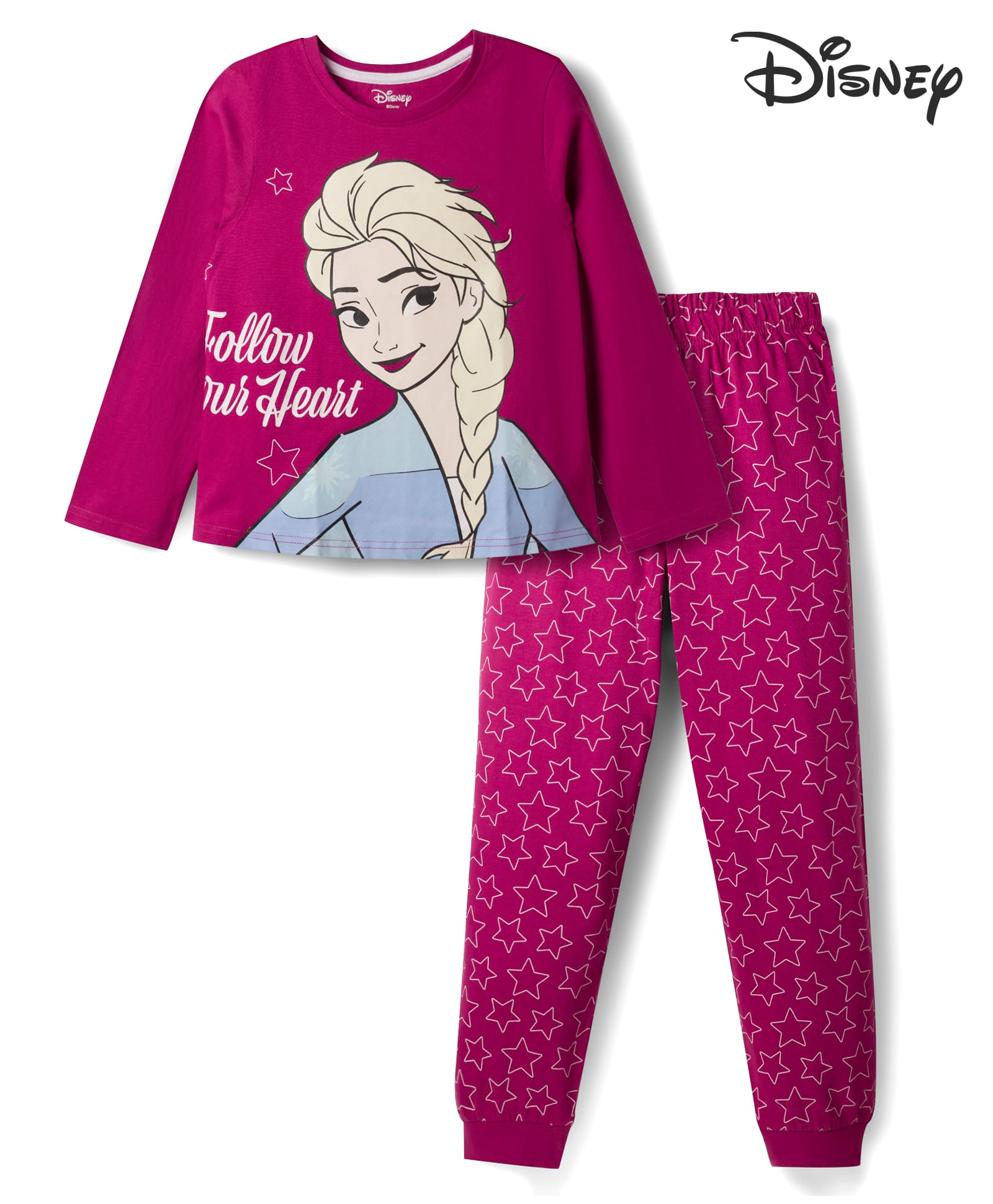 Pine Kids Disney Single Jersey Knit Full Sleeves T-Shirt & Pyjama Night Suit With Disney Princess Graphic & Star Print - Dark Pink-picture-35
