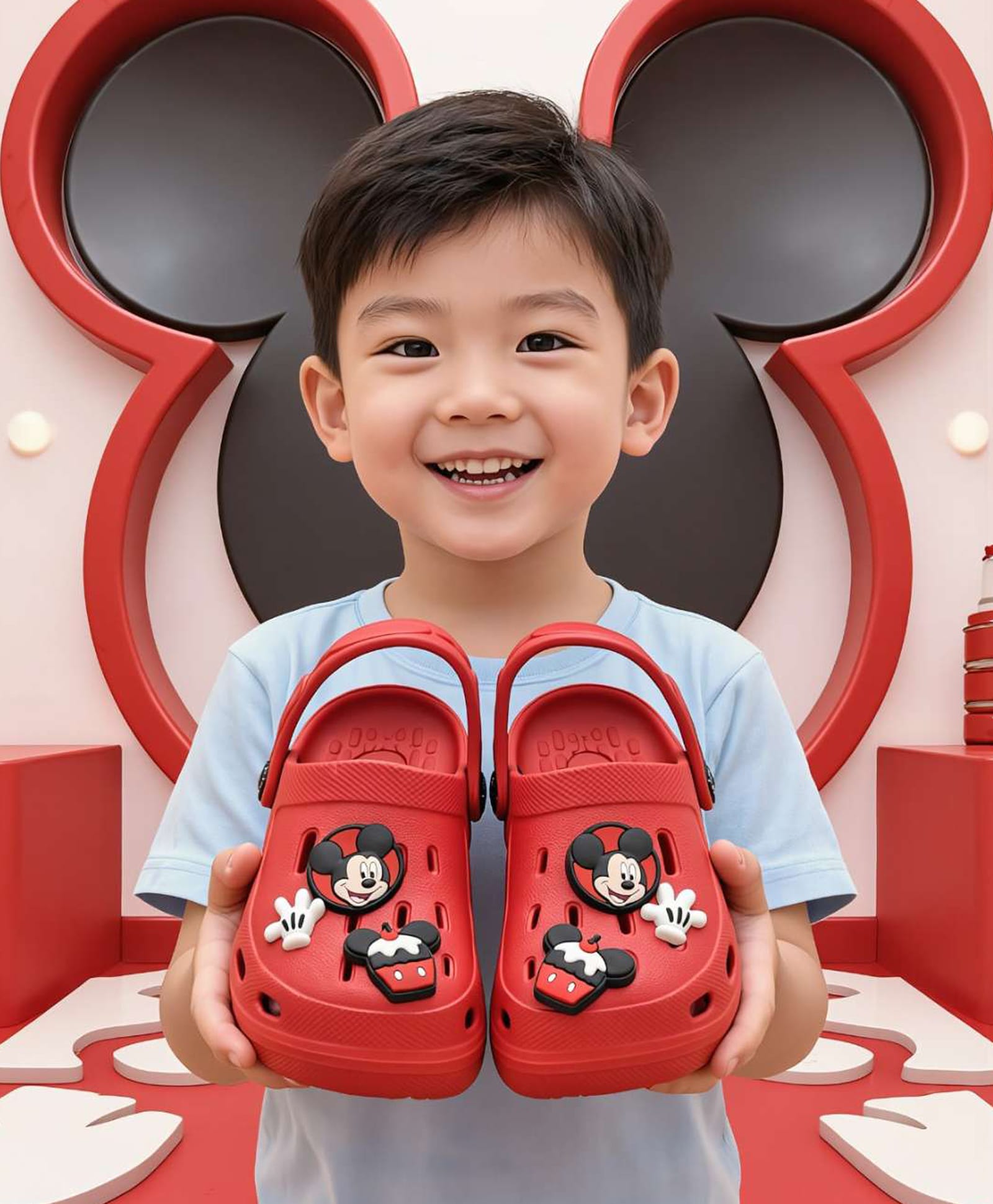 Disney by Yellow Bee Solid Perforated Clogs With Mickey & Friends Featuring Character Designed Charms - Red-picture-28