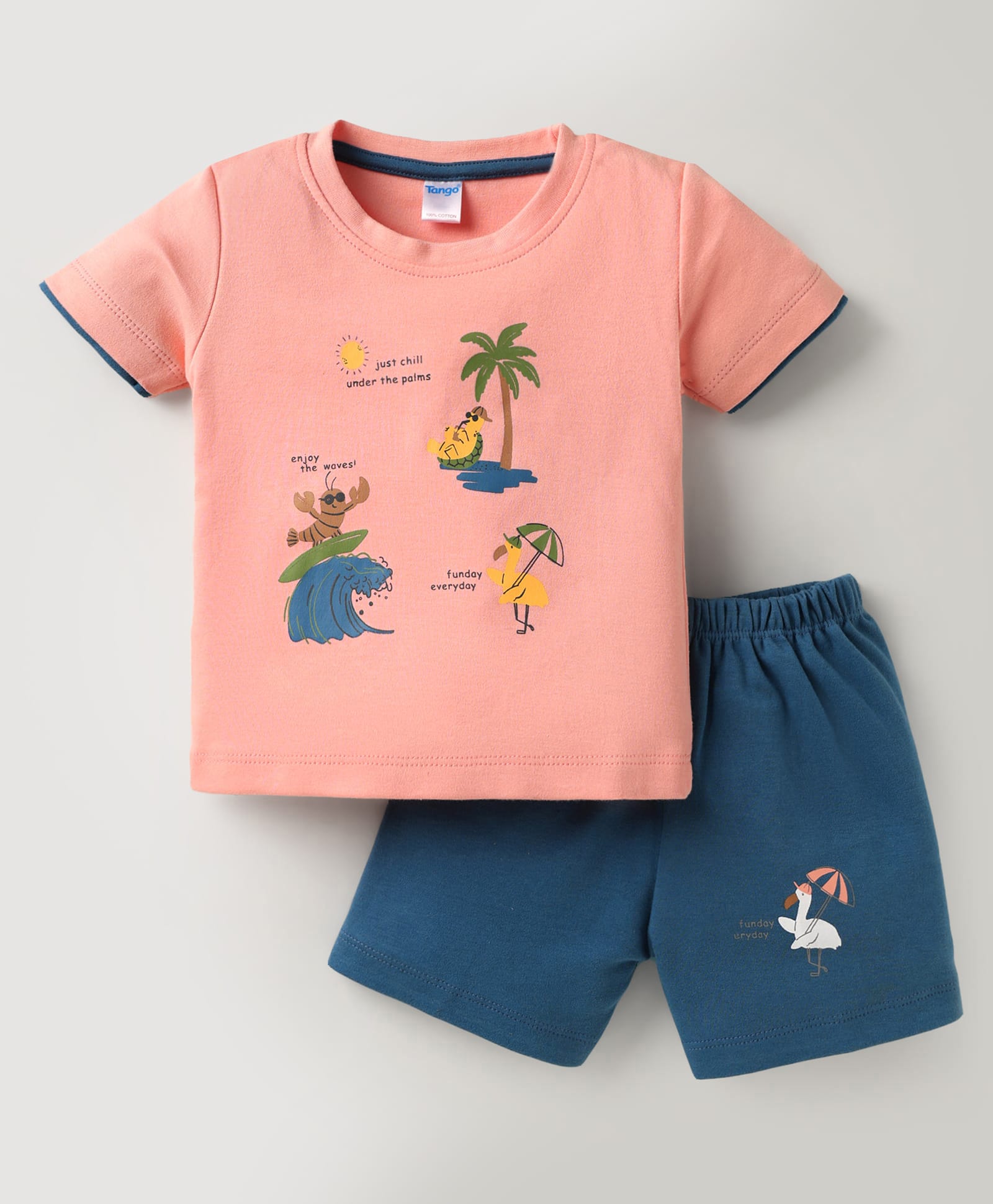 Tango Single Jersey Knit Half Sleeves T-Shirt & Shorts Set with Beach Theme Print - Dark Peach & Navy Blue-image-31