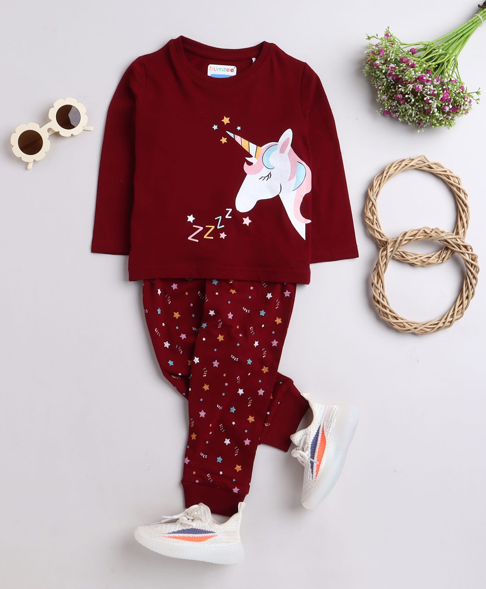 BUMZEE Cotton Knit Full Sleeves Unicorn Printed Tee & Pant Night Suit - Maroon-image-10