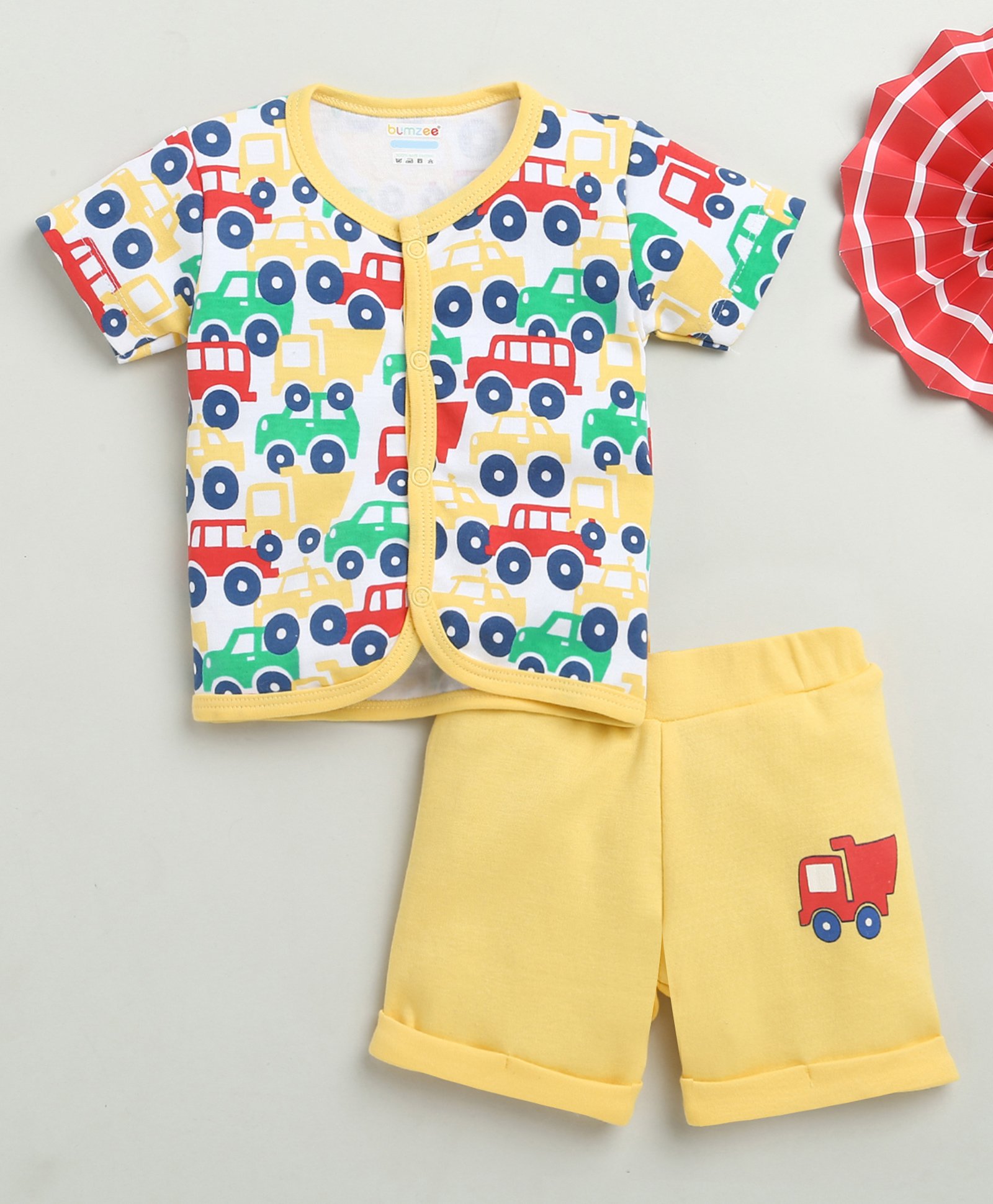 BUMZEE Cotton Half Sleeves Car & Truck Printed Jhabla & Shorts Set - White & Yellow-image-1