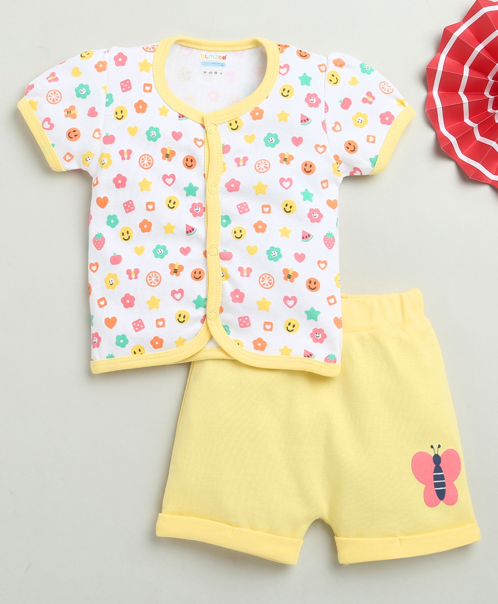 BUMZEE Cotton Half Sleeves Butterfly & Smile Emoji Printed Jhabla & Shorts Set - Yellow-image-38