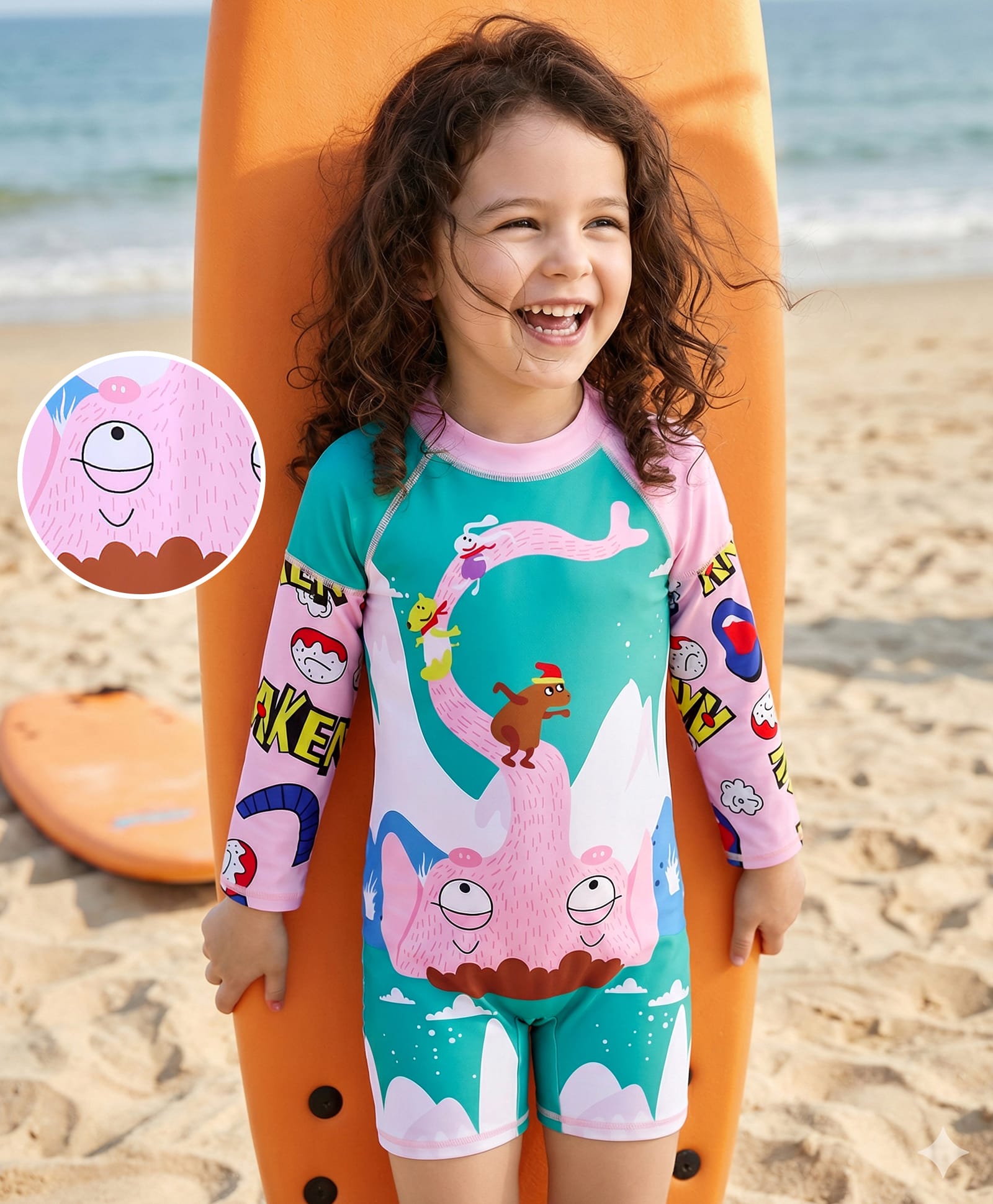 Mark & Mia Full Raglan Sleeves Legged Swimsuit with Animal Print - Mint Green-image-3