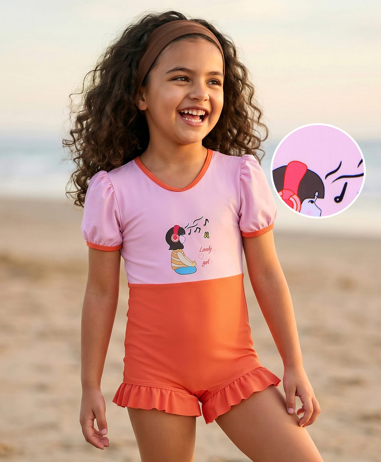 Mark & Mia Half Puffed Sleeves Legged Swimsuit With Girl Print - Dark Peach & Pink-image-40
