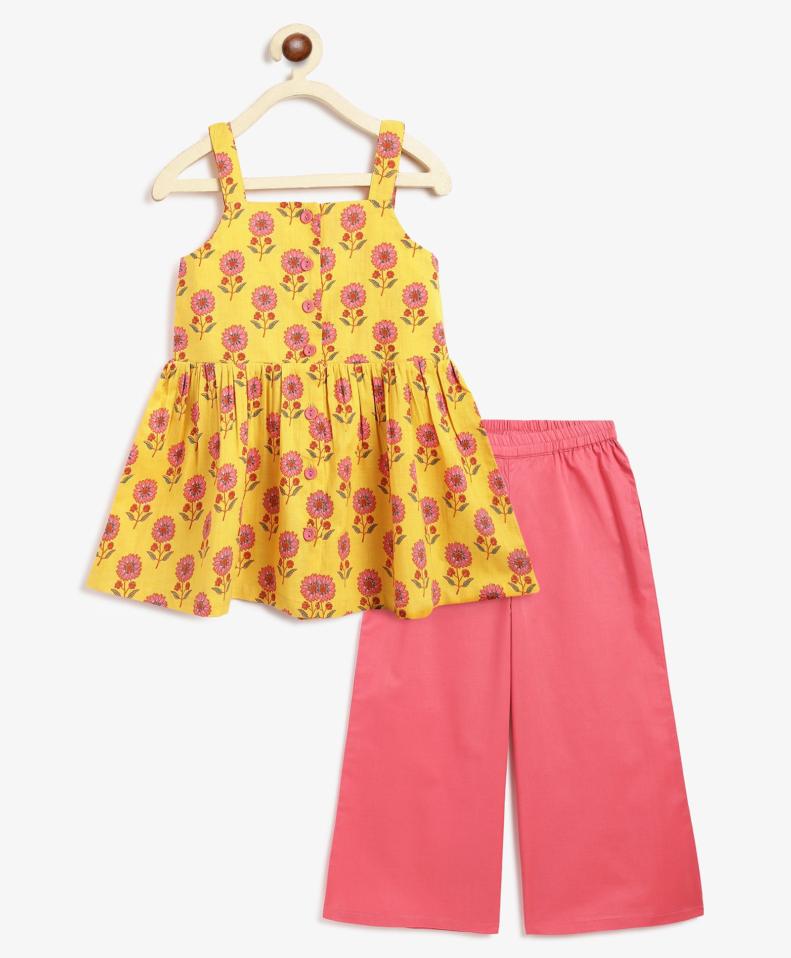 Campana 100% Cotton Sleeveless Floral Printed Tunic With Palazzo Set - Yellow & Pink-picture-14