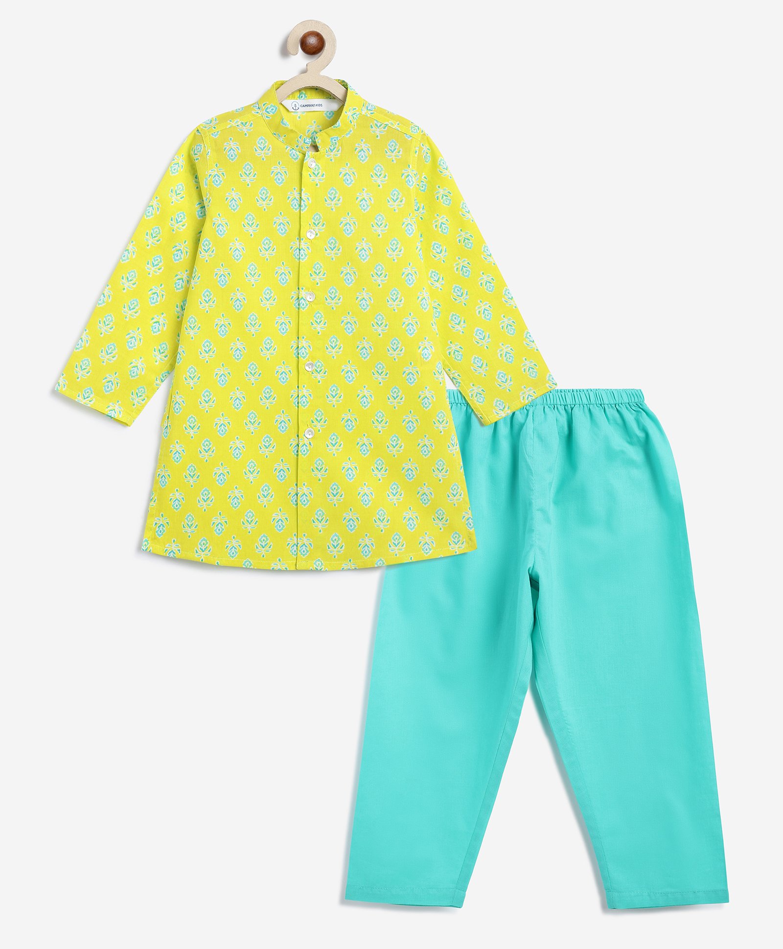 Campana 100% Cotton Woven Full Sleeves Floral Block Printed Kurta Pyjama Set - Lime Green & Turquoise-image-6