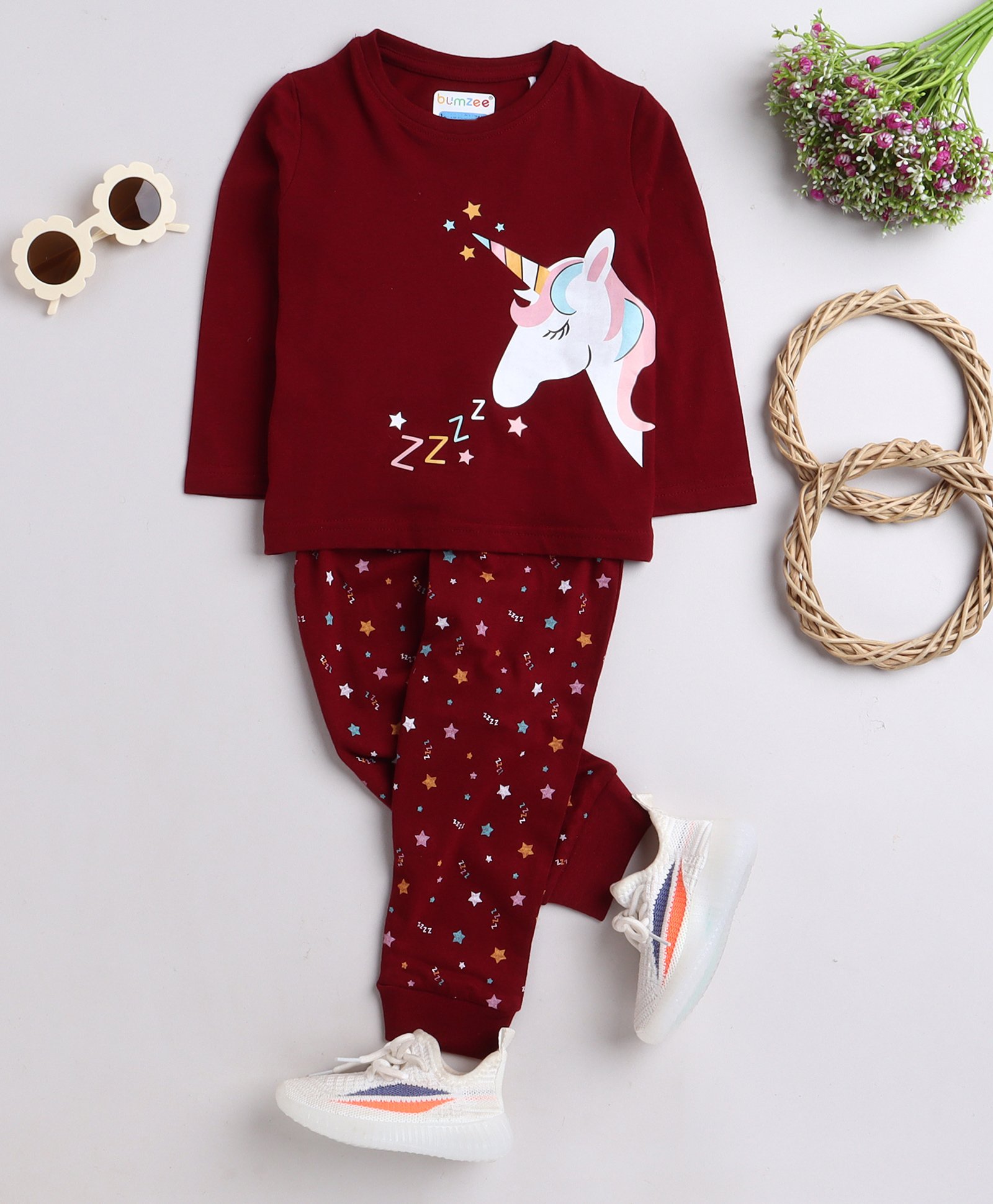 BUMZEE Cotton Knit Full Sleeves Night Suit with Unicorn Print - Maroon-image-40
