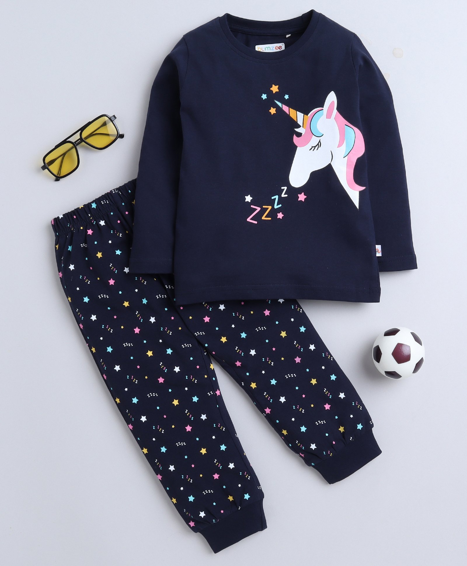 BUMZEE Cotton Knit Full Sleeves Night Suit with Unicorn Print - Navy Blue-image-34