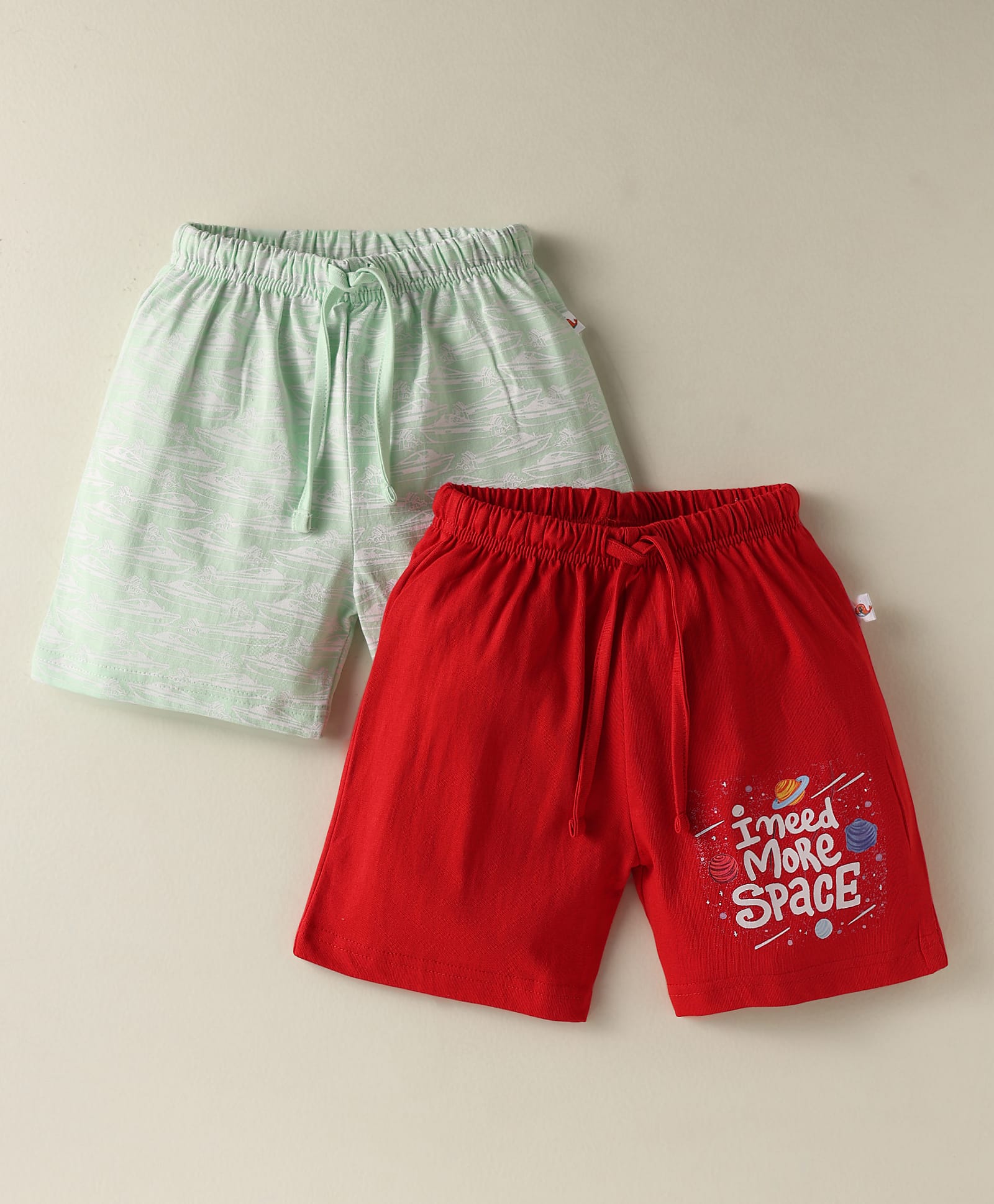 BUMZEE Cotton Knit Above Knee Length Shorts with Boat & I Need Space Text Print Pack of 2 - Red & Light Green-picture-26