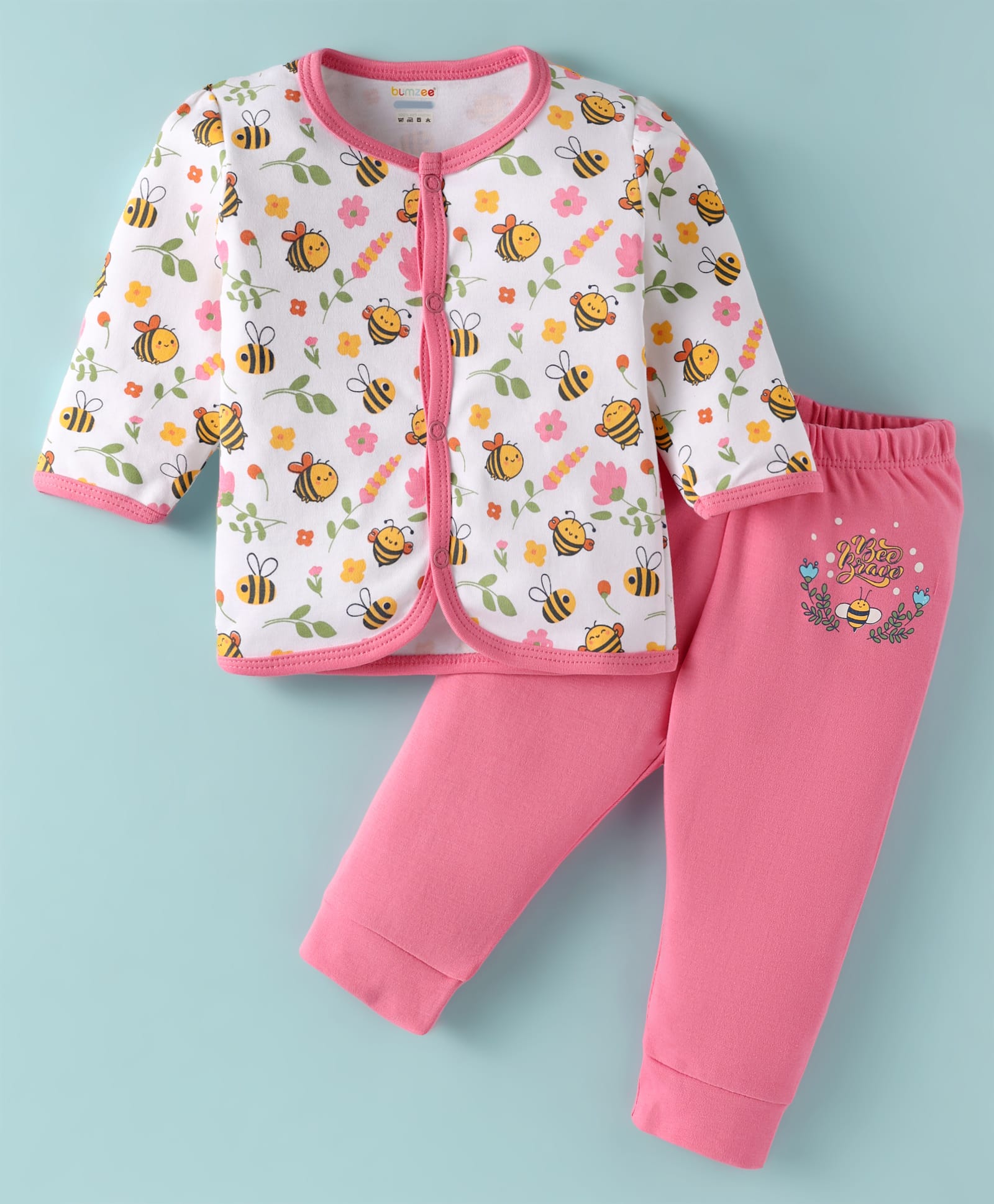 BUMZEE Cotton Knit Full Sleeves Nightsuit with Bee Print - Pink & White-image-43