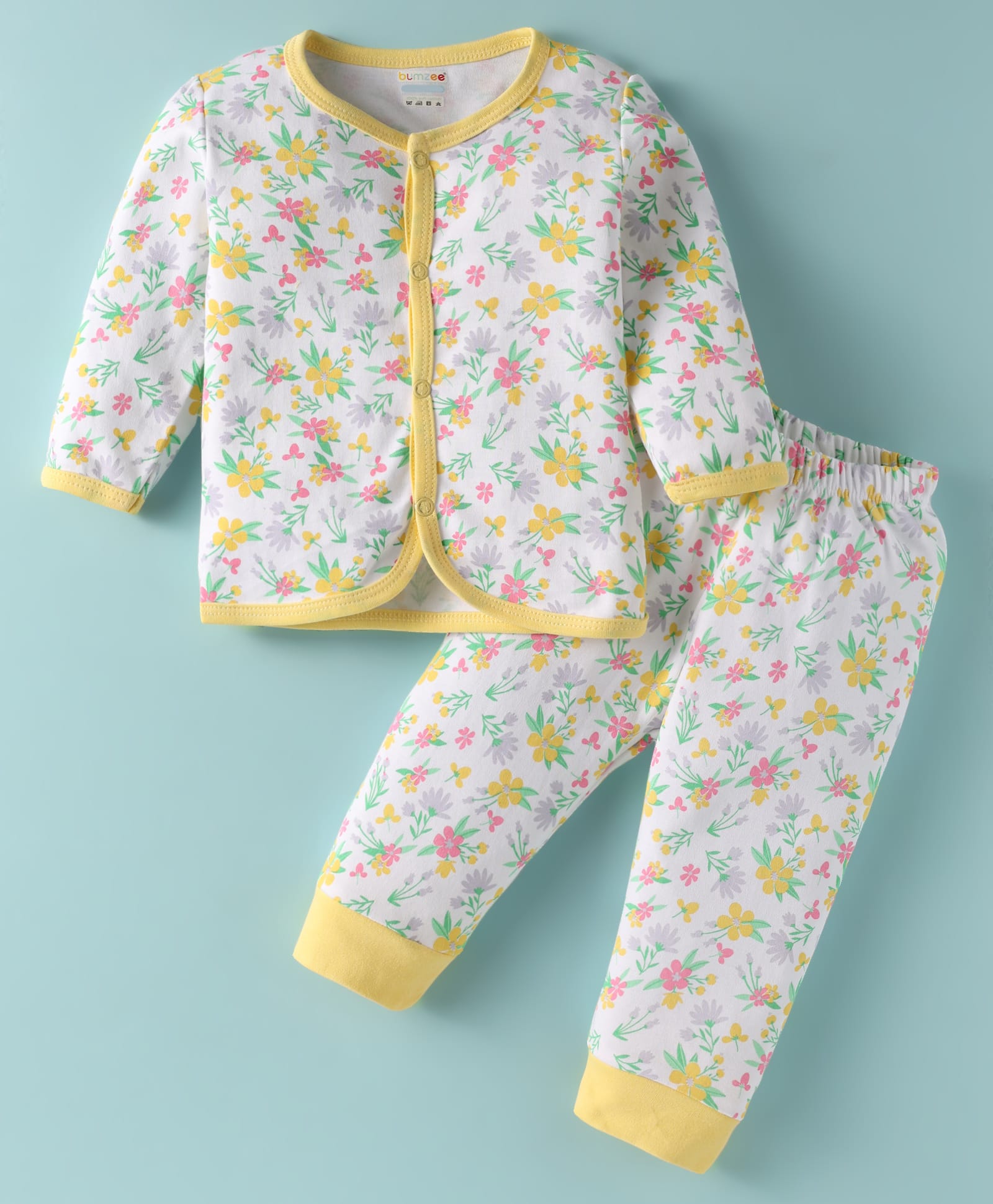 BUMZEE Cotton Knit Full Sleeves Co-Ord Nightsuit with Floral Print - White & Yellow-picture-25