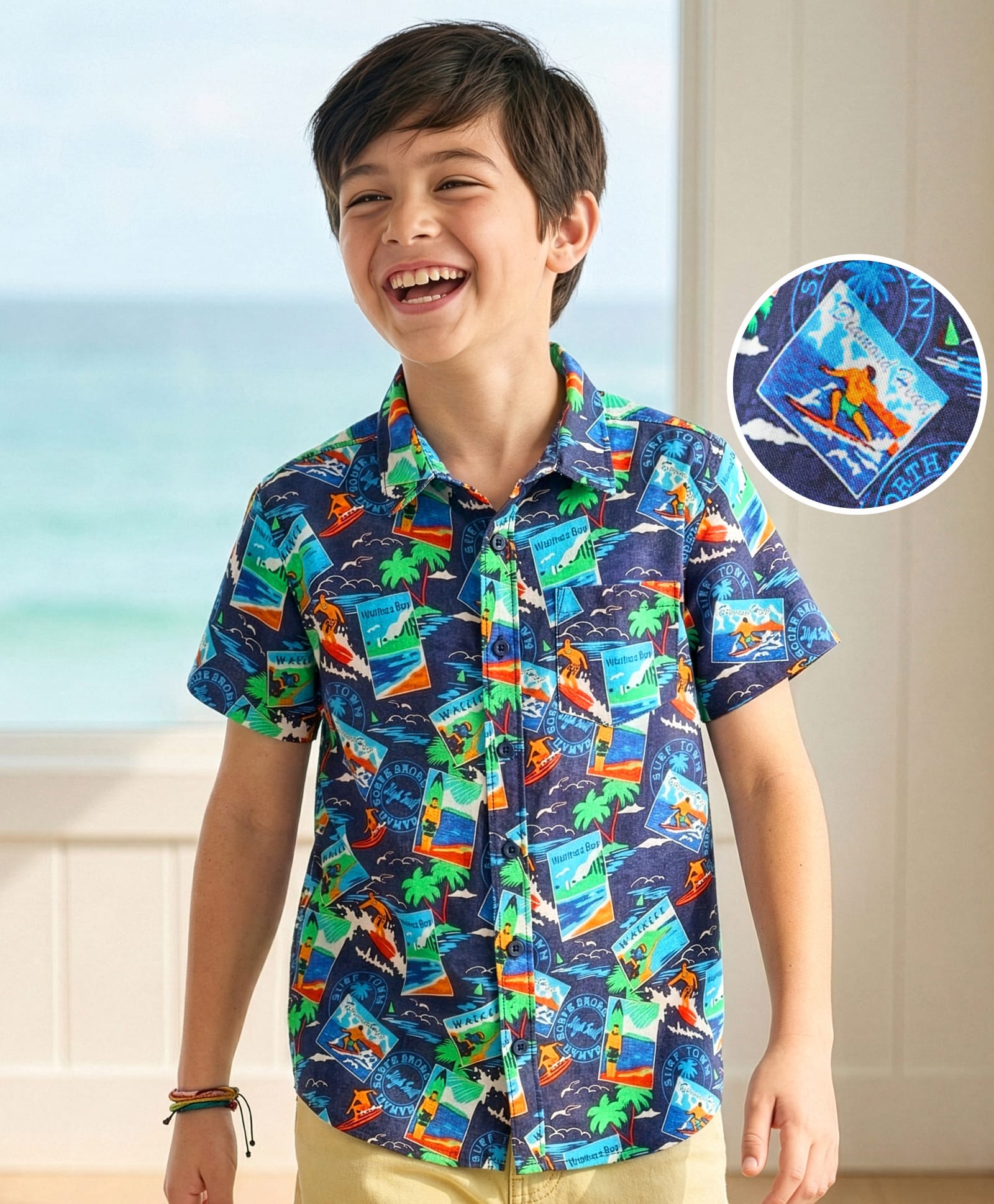 Pine Kids Viscose TWILL Woven Half Sleeves Shirt with Beach Theme Print - Navy Blue-image-49