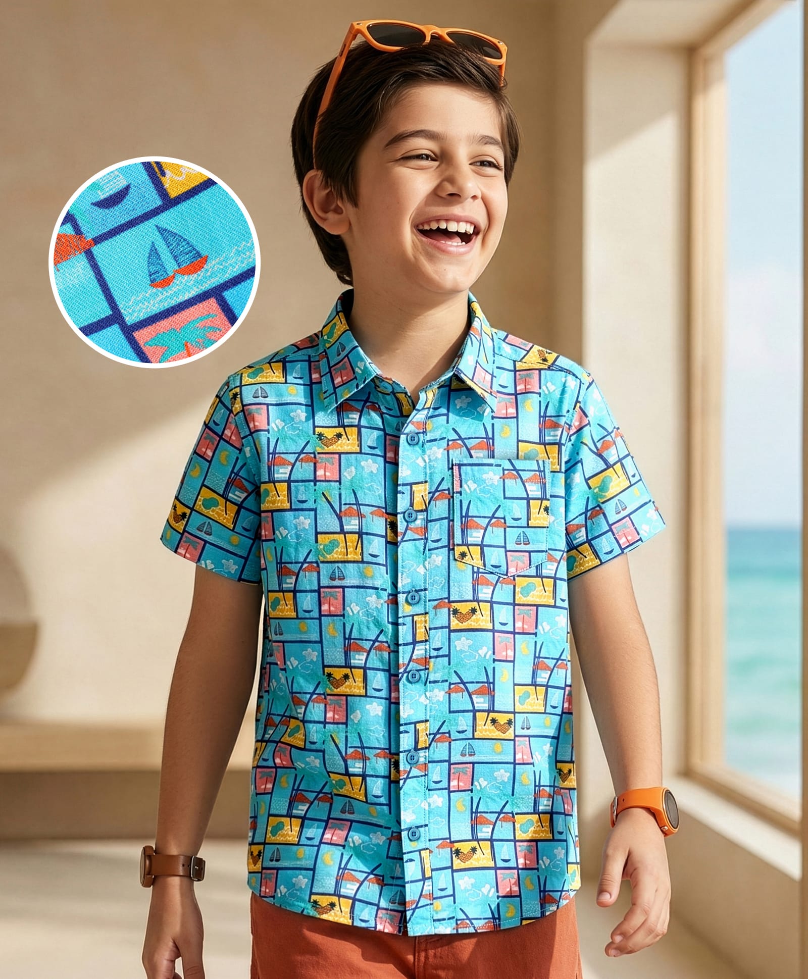 Pine Kids Viscose TWILL Woven Half Sleeves Shirt with Beach Theme Print - Light Blue-picture-21