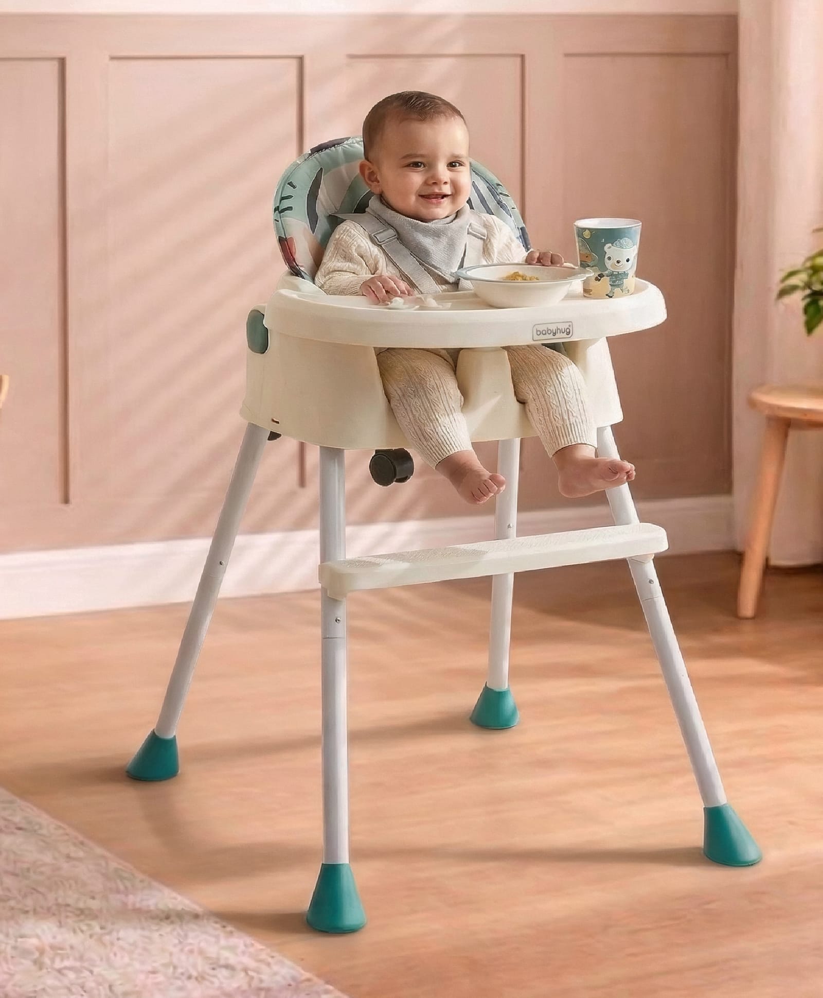 Babyhug 4 in 1 Convertible High Chair with Adjustable Height & Comfortable Seat - White