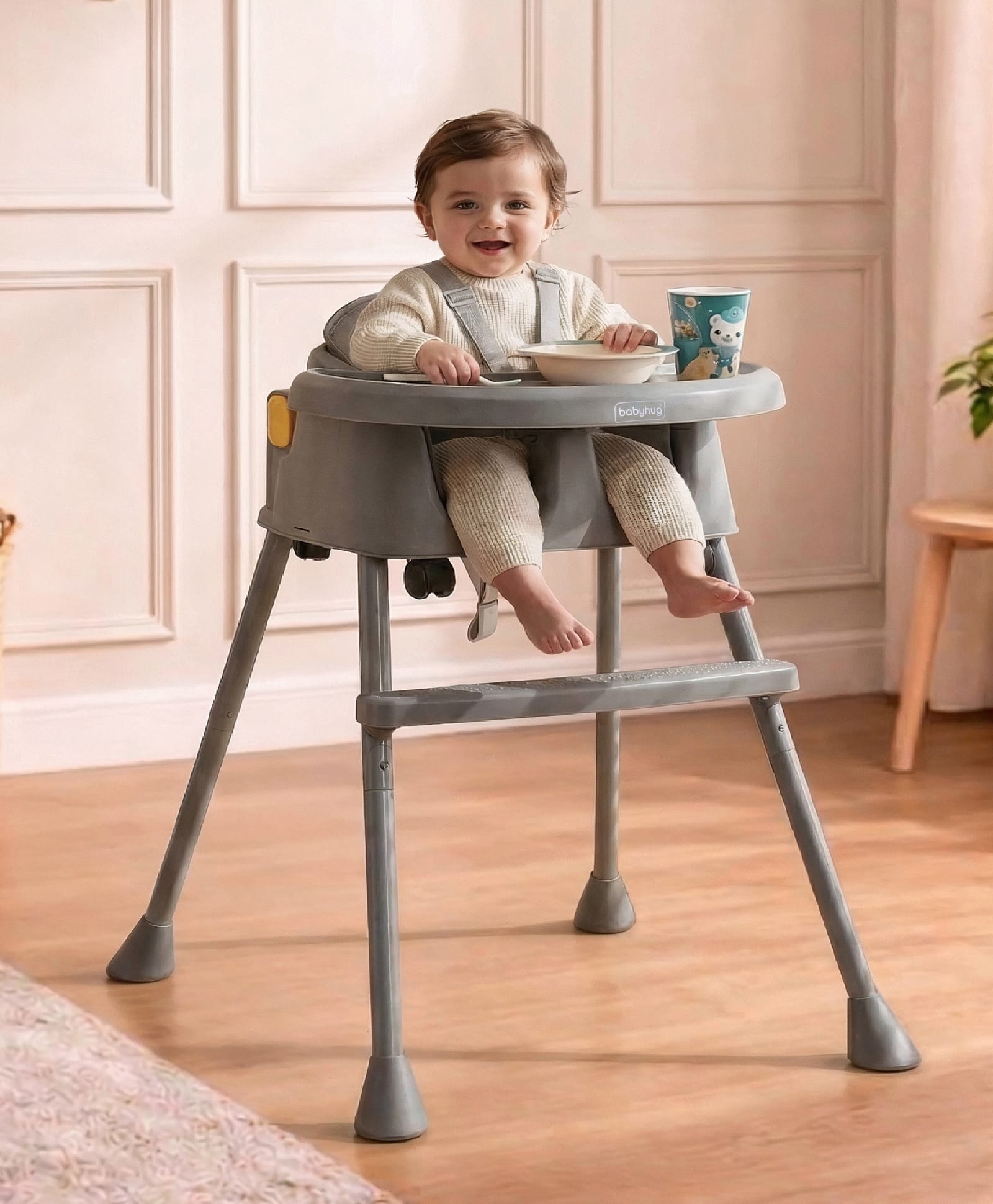 Babyhug 4 in 1 Convertible High Chair with Adjustable Height & Comfortable Seat - Grey