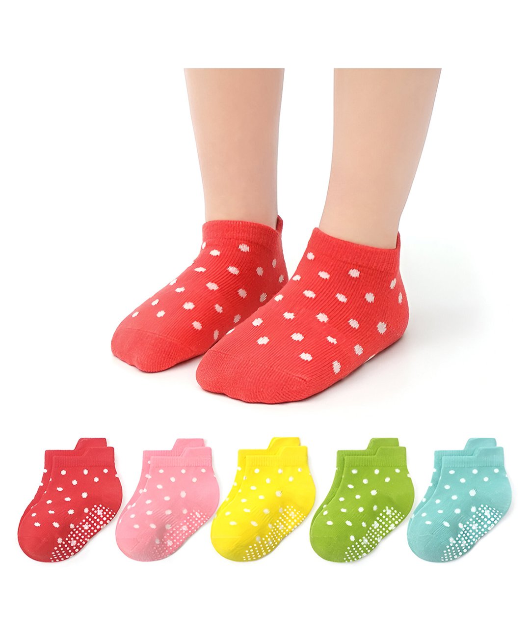 MOMISY Cotton Pack Of 6 Polka Dots Designed Anti Skid Socks - Multi Colour-image-20