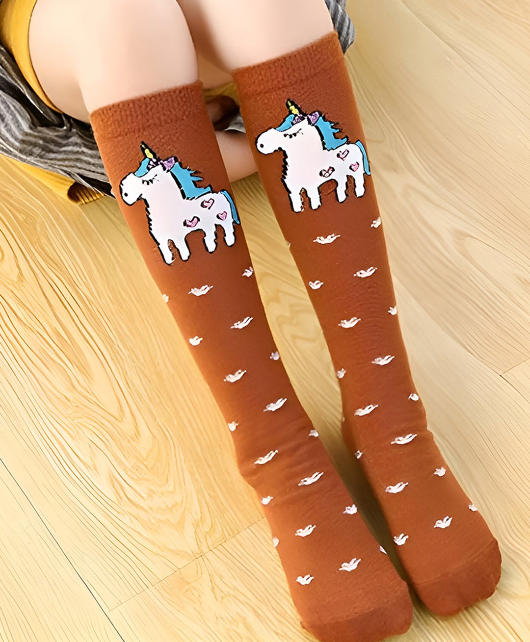 MOMISY Cotton Unicorn & Hearts Designed Socks - Brown-image-7