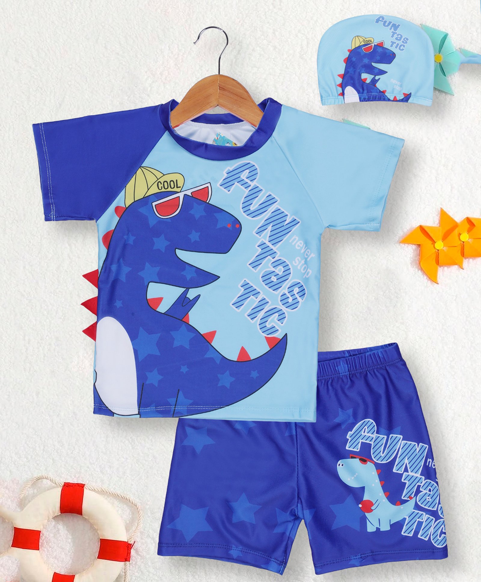 PASSION PETALS Lycra Half Raglan Sleeves Dinosaur Printed & Applique Detailed Coordinating Tee & Shorts With Cap Set - Blue & Light Blue-picture-28