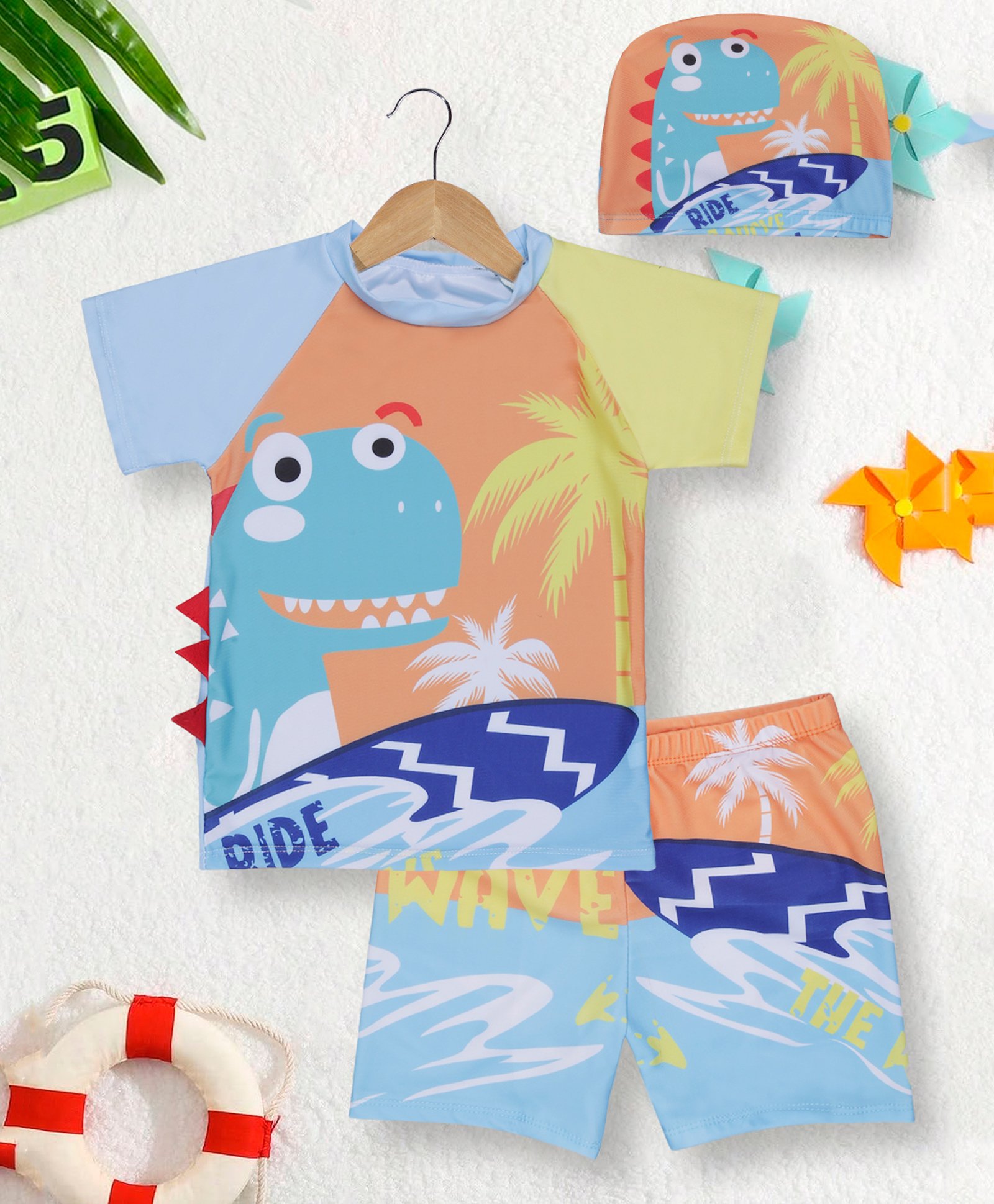 PASSION PETALS Lycra Half Raglan Sleeves Dinosaur Printed & Applique Detailed Coordinating Tee & Shorts With Cap Set - Light Blue & Orange-picture-26