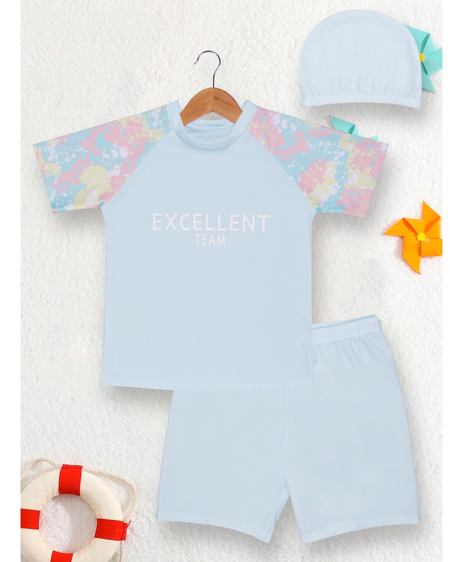 PASSION PETALS Lycra Half Sleeves Excellent Team Text Printed Swimsuit Set - Light Blue-image-41