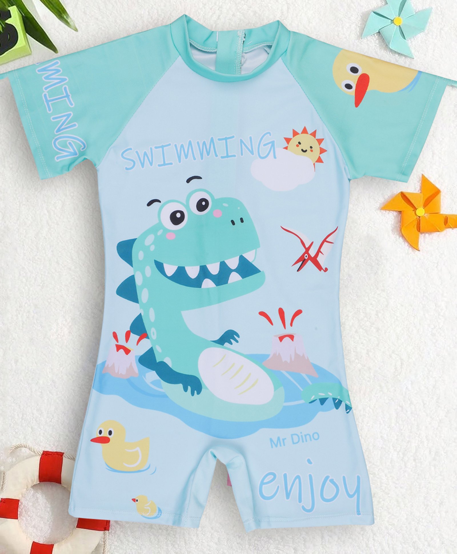 PASSION PETALS Lycra Half Raglan Sleeves Dinosaur Printed Legged Swimsuit - Light Blue-picture-28