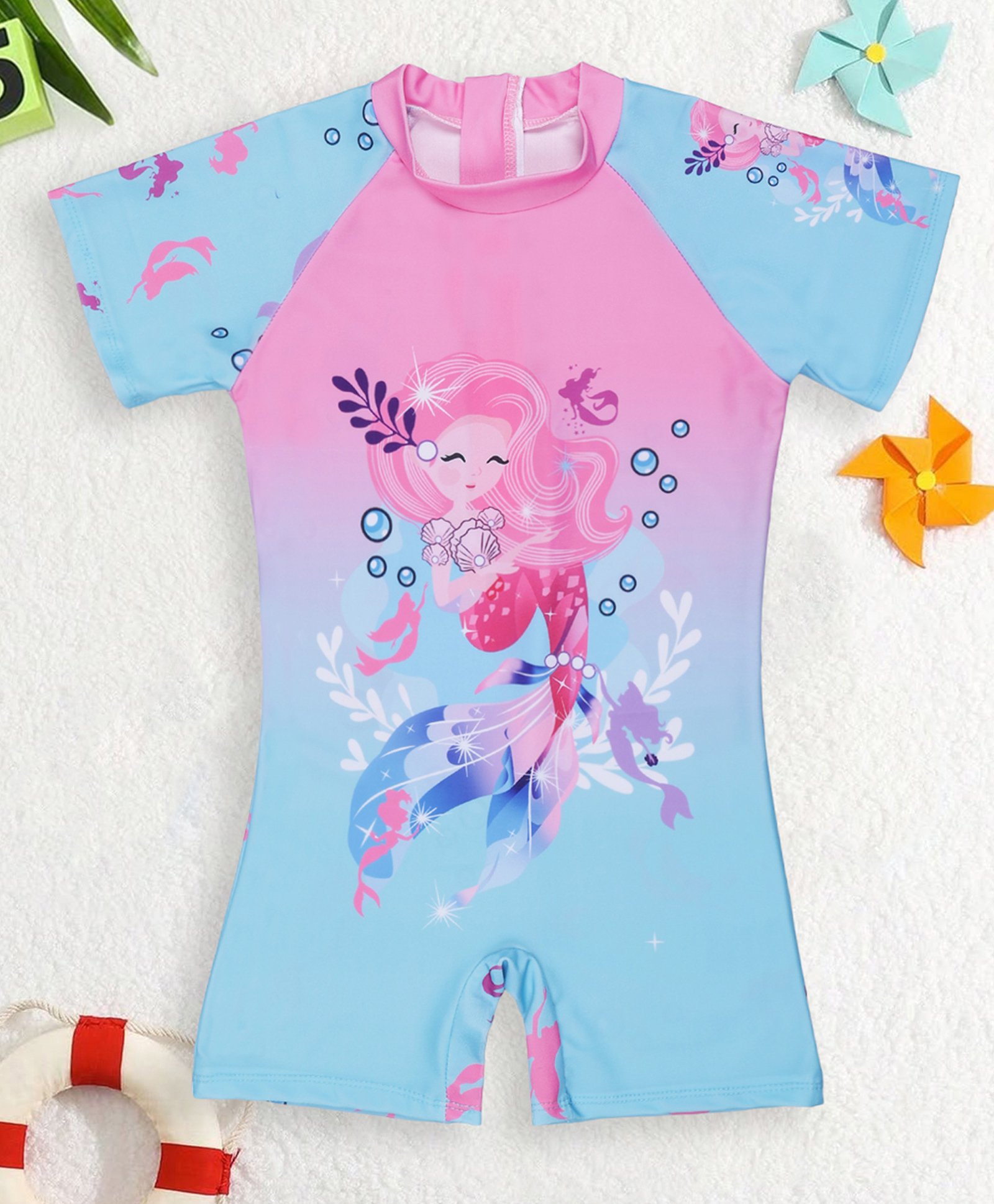 PASSION PETALS Lycra Half Sleeves Mermaid Printed Swimsuit - Light Blue & Pink-image-20