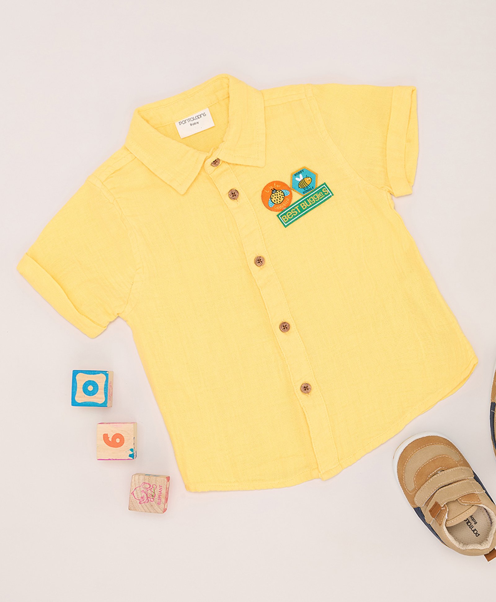Pantaloons Baby Cotton Half Sleeves Bug & Bee Patch Embroidered Shirt - Yellow-image-12