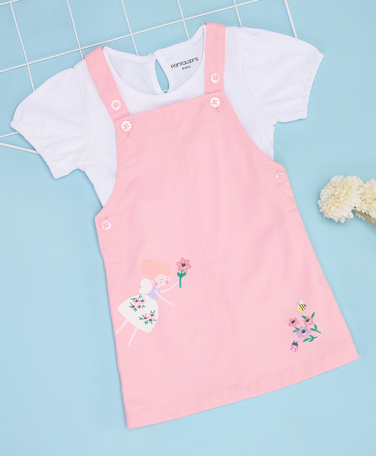 Pantaloons Baby Cotton Floral Embroidered Pinafore Dress With Half Sleeves Solid Top Set - Rose Shadow-image-2