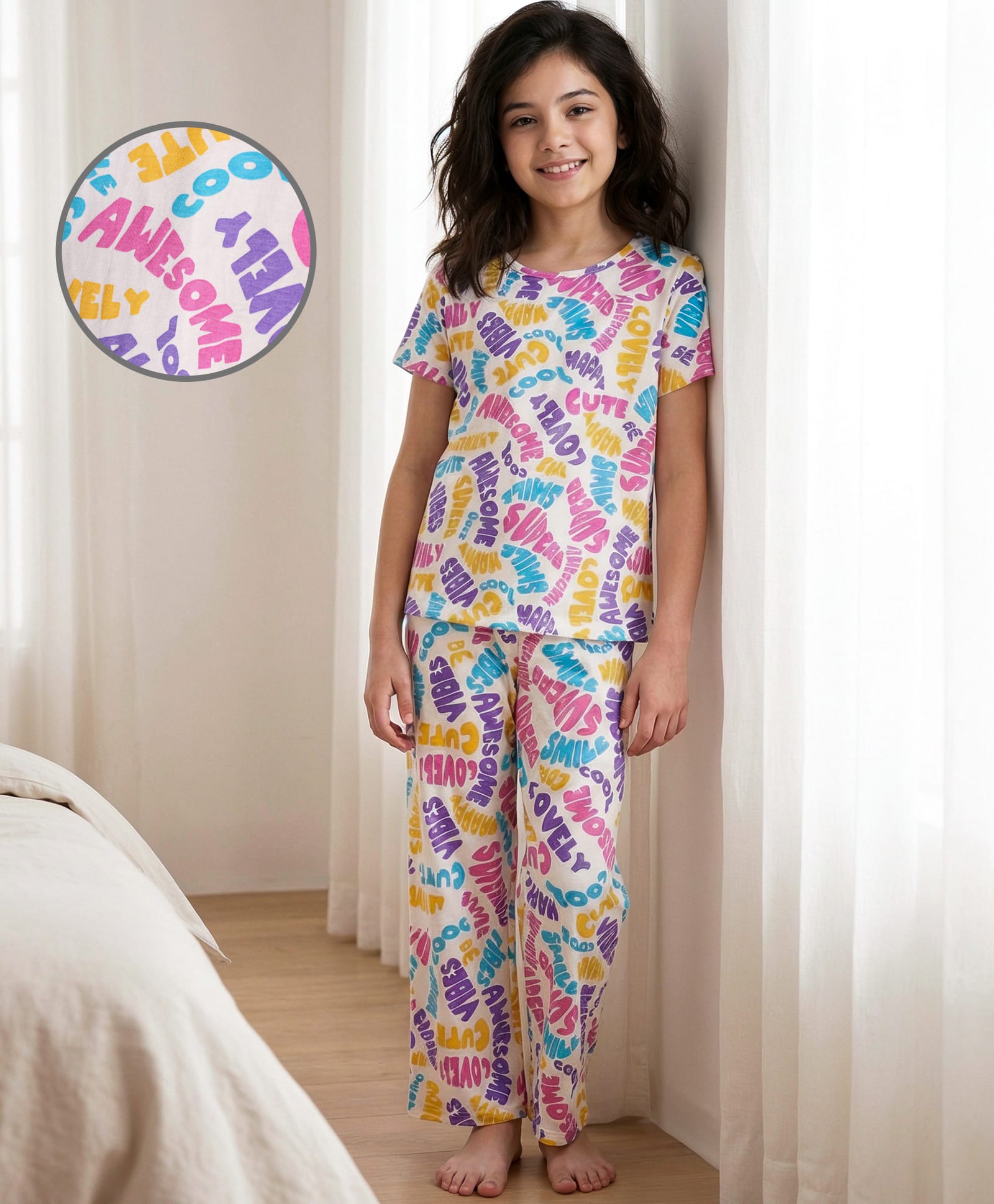 Pine Kids Cotton Knit Half Sleeves Co-ords Capri Night Suit with Text Print - White-image-19