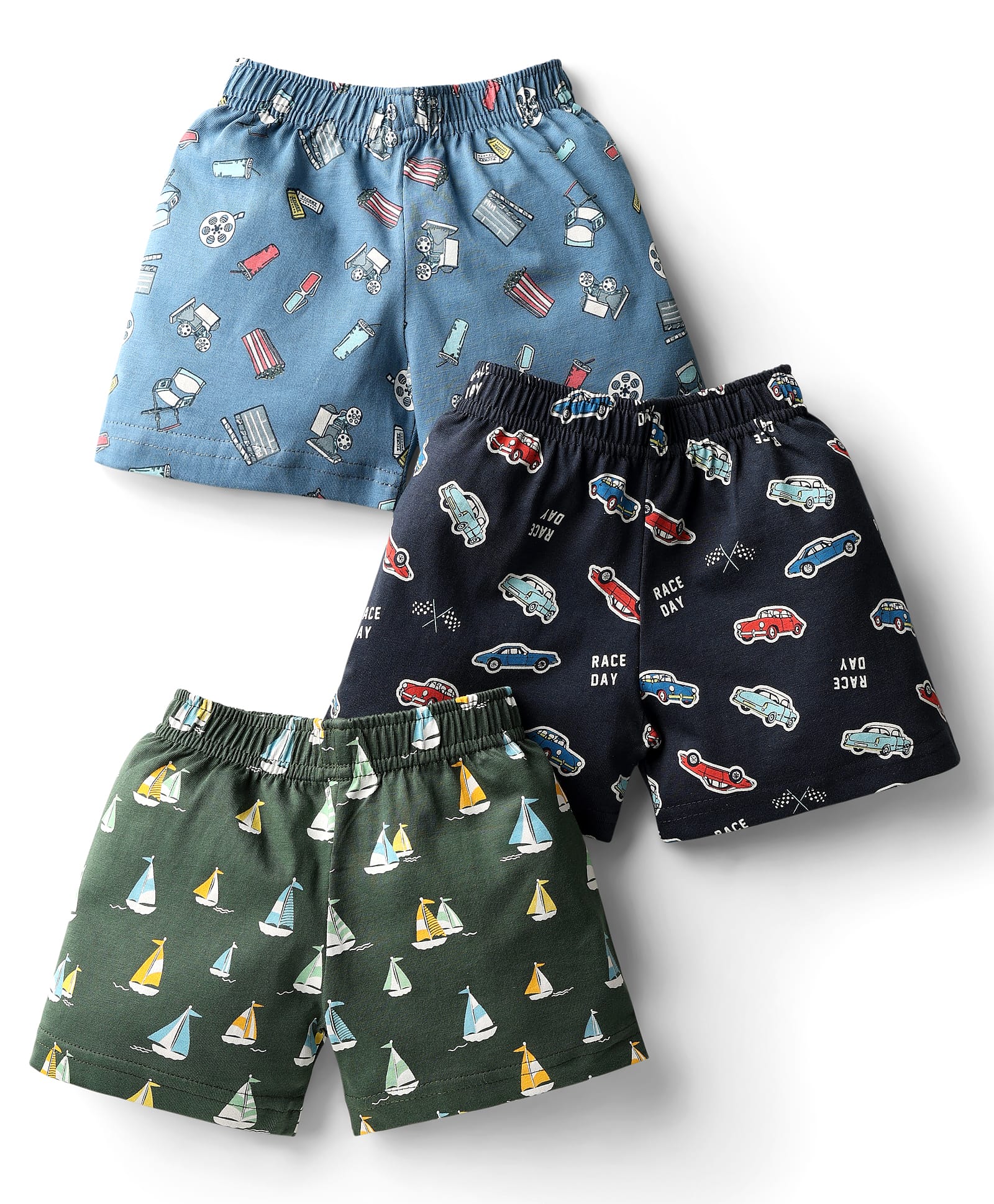 CUCUMBER Sinker Knit Above Knee Length Short With Vehicle & Boat Print Pack Of 3 - Light Blue Black & Olive Green-picture-19