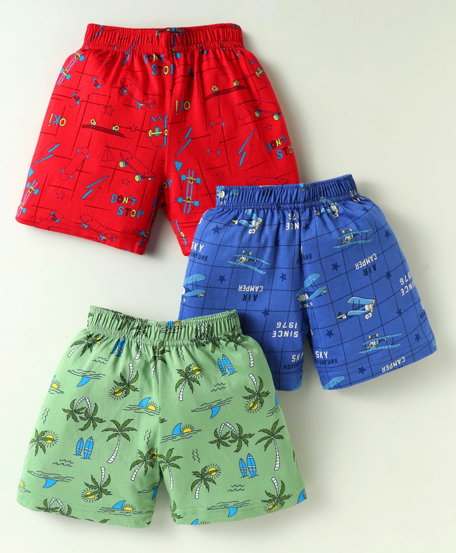 CUCUMBER Sinker Knit Above Knee Length Shorts With Tropical Theme Print Pack Of 3 - Red Blue & Light Green-image-47