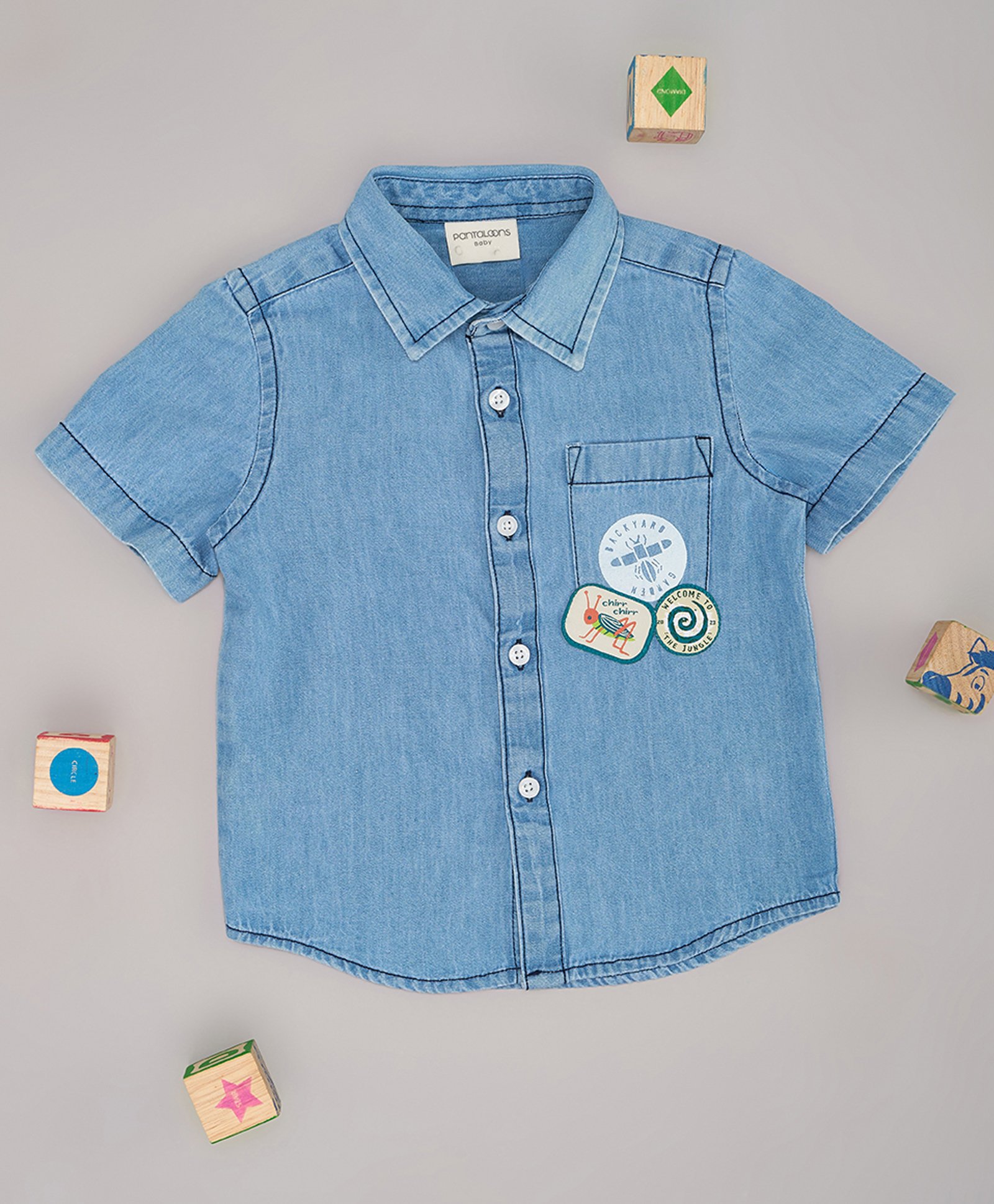Pantaloons Baby Denim Half Sleeves Welcome To The Jungle Text Patch Embroidered Shirt - Blue-image-18