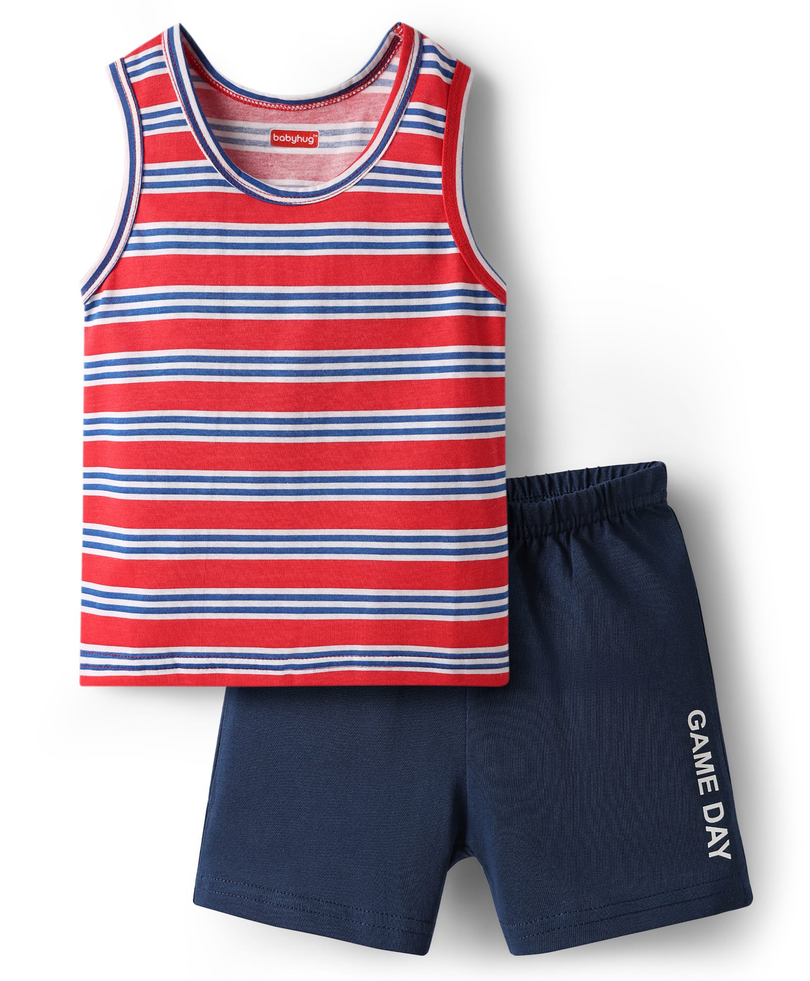 Babyhug 100% Cotton Single Jersey Knit Sleeveless Sando & Shorts Set With Stripes - Red & Navy Blue-picture-26