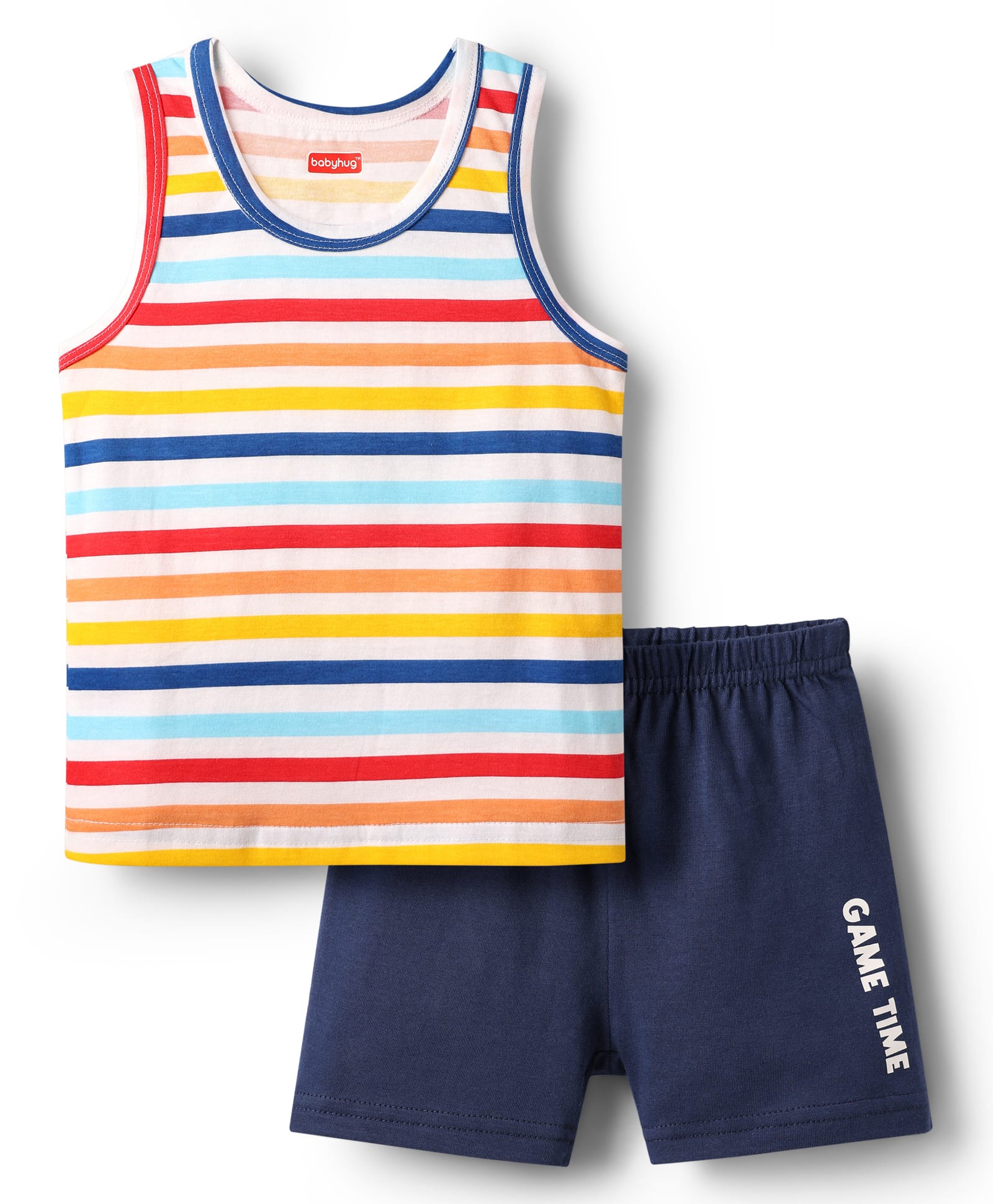 Babyhug 100% Cotton Single Jersey Knit Sleeveless Sando & Shorts Set With Stripes - Yellow & Navy Blue-picture-23