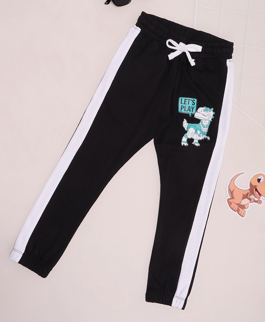 Pantaloons Junior Cotton Dinosaur Printed Side Taped Track Pants - Jet Black-picture-20