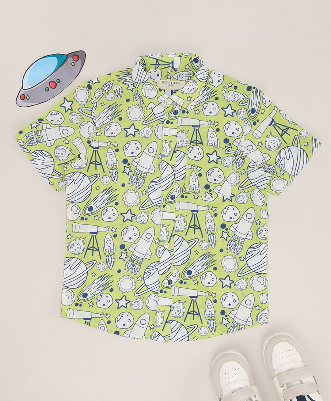 Pantaloons Junior Cotton Half Sleeves Space Theme Printed Shirt - Lime Green-picture-23