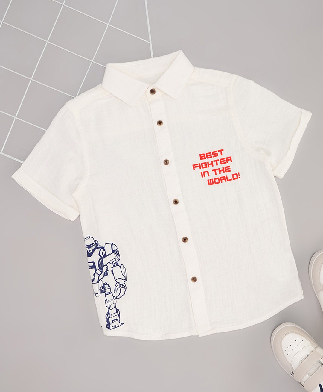 Pantaloons Junior Cotton Half Sleeves Robot Printed Shirt - Bright White-image-37