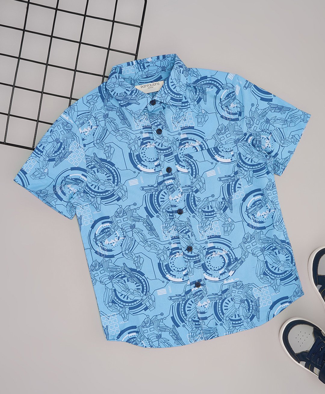 Pantaloons Junior Cotton Half Sleeves Robots Printed Shirt - Blue-image-47