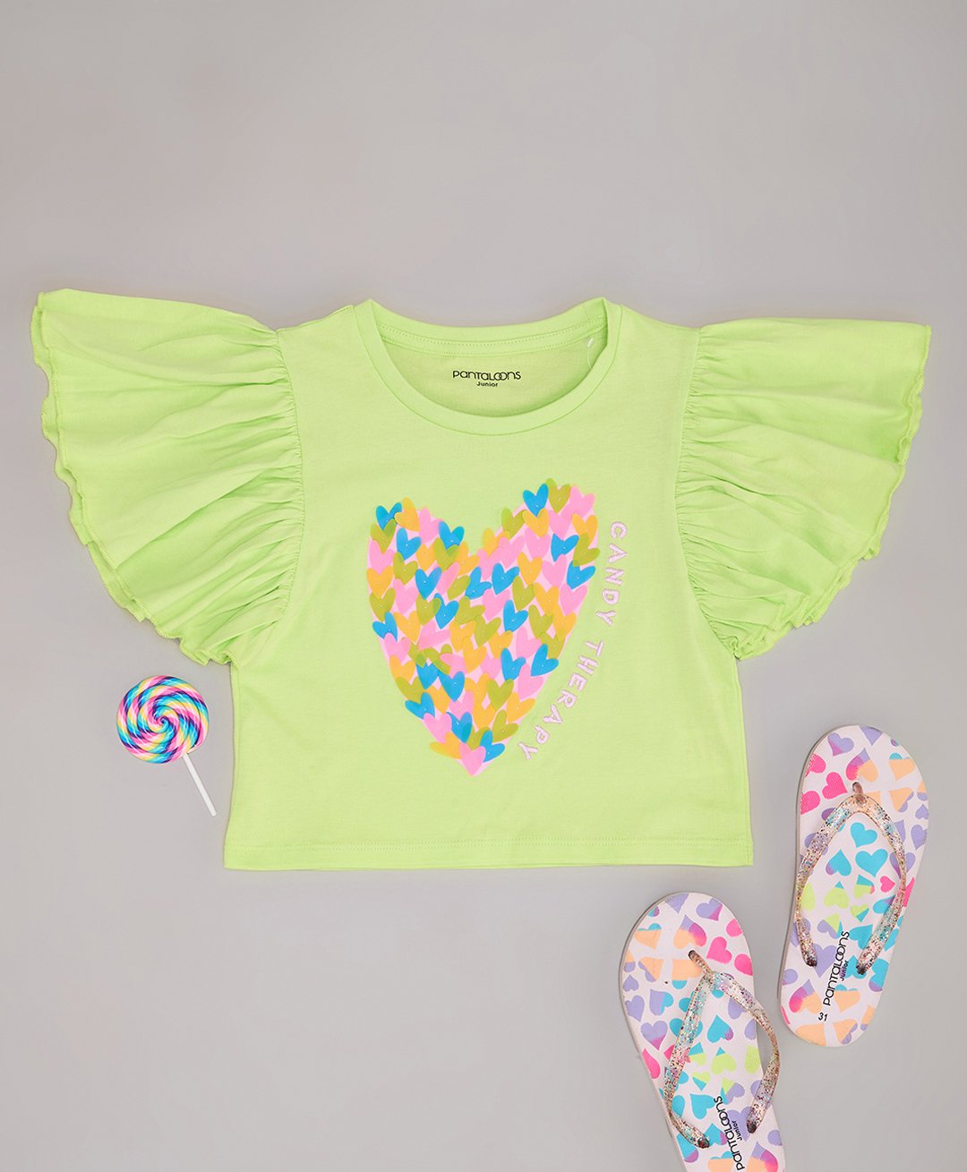 Pantaloons Junior Cotton Half Flutter Sleeves Hearts Printed Top - Sharp Green-image-3