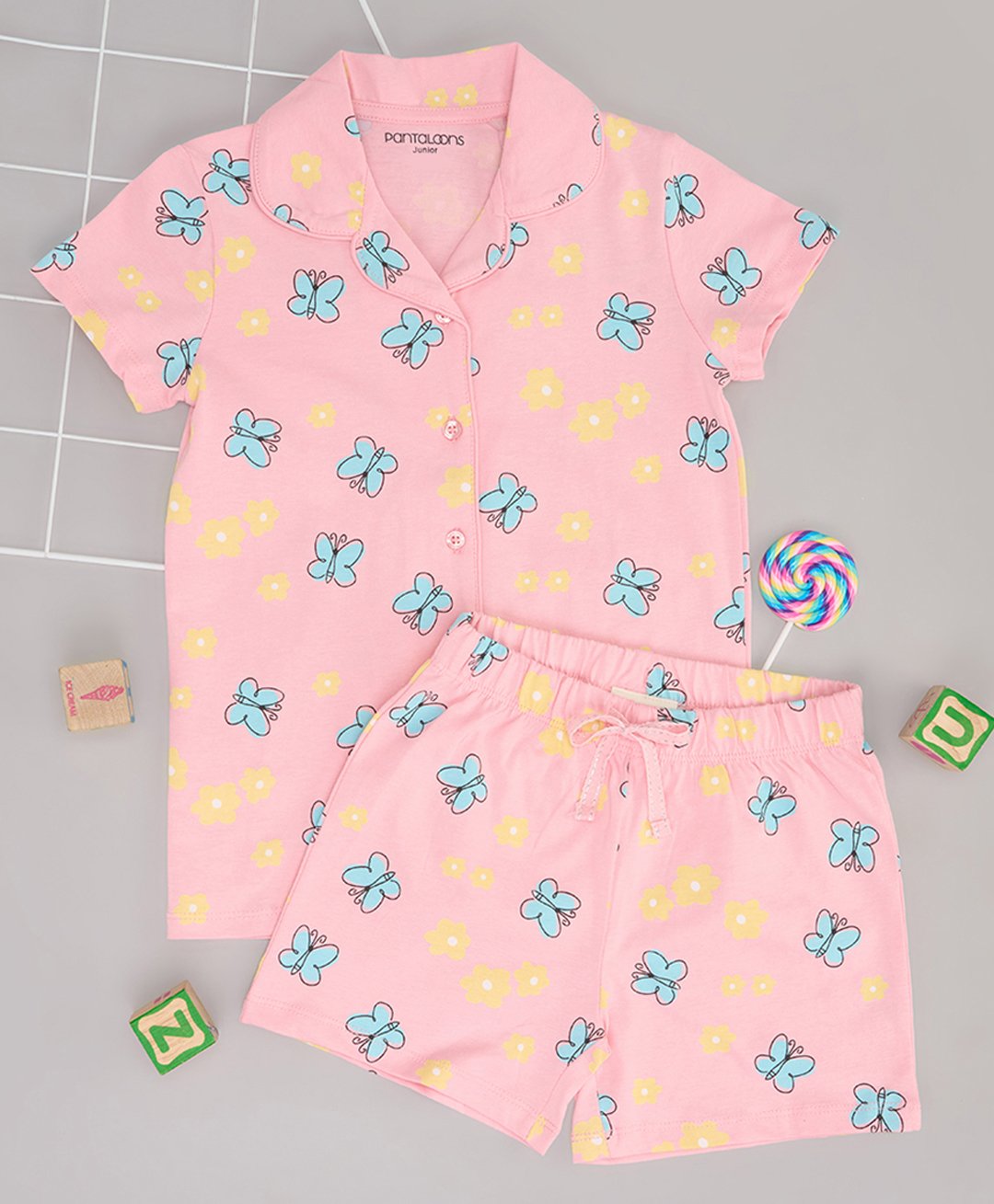 Pantaloons Junior Cotton Knit Half Sleeves Butterfly & Floral Printed Coordinating Shirt & Shorts Set - Light Pink-picture-39