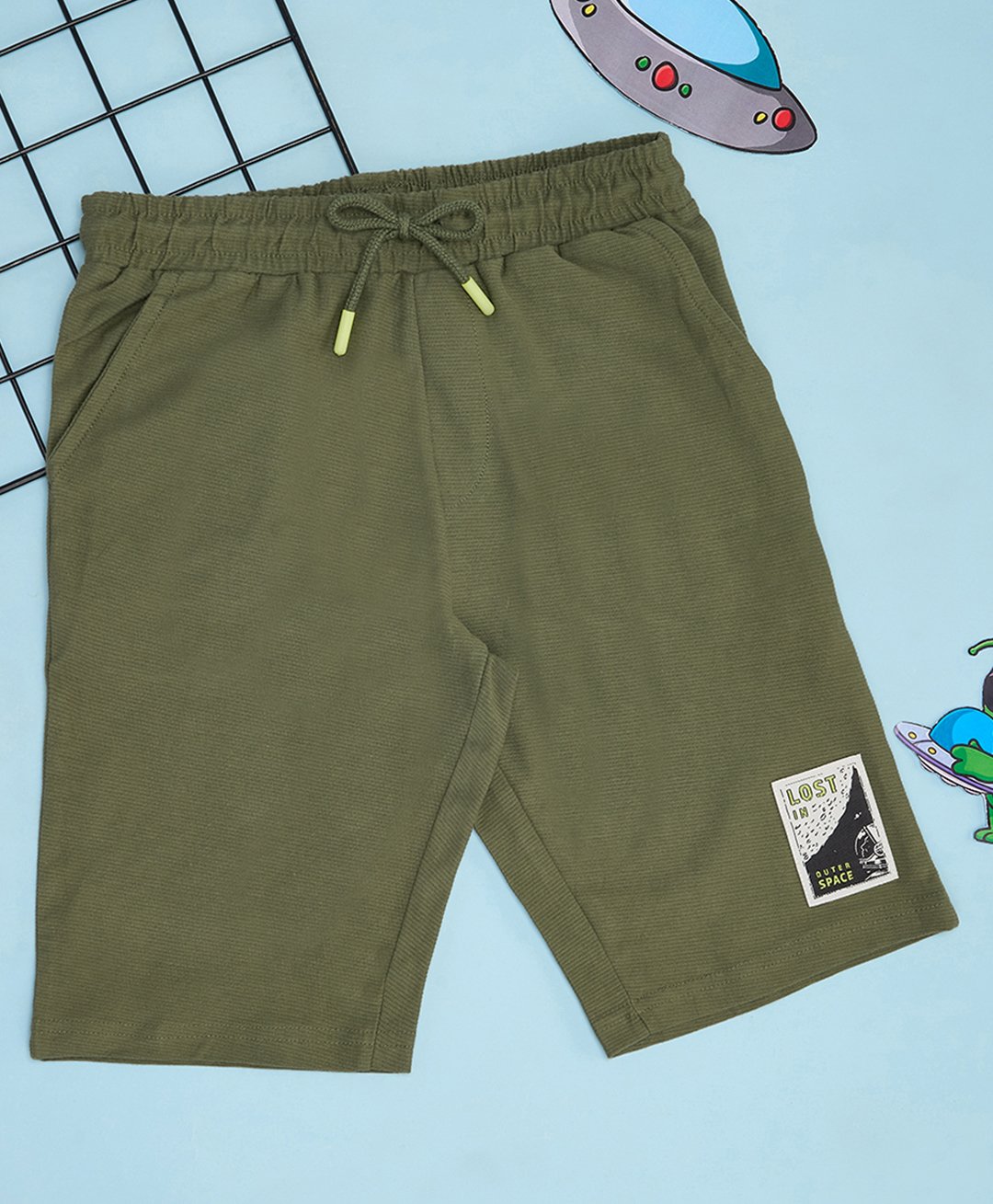 Pantaloons Junior Cotton Space Theme Patch Detailed Shorts - Olive Green-picture-28